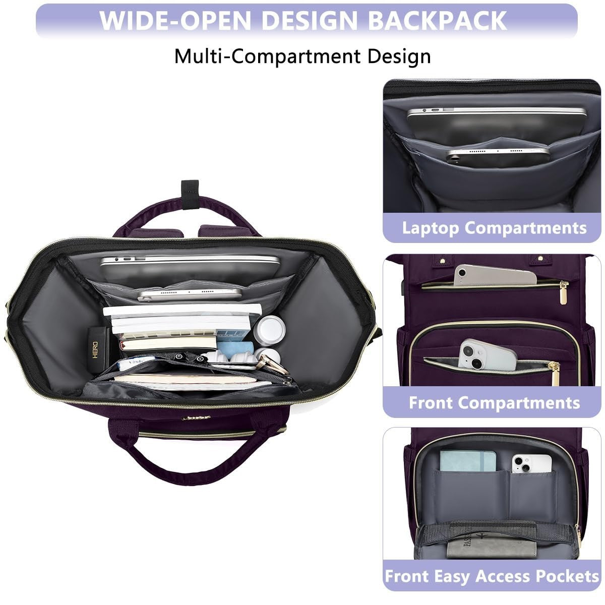 Stylish 15.6" Laptop Backpack for Women   Waterproof Travel Work Bag, Dark Purpl2
