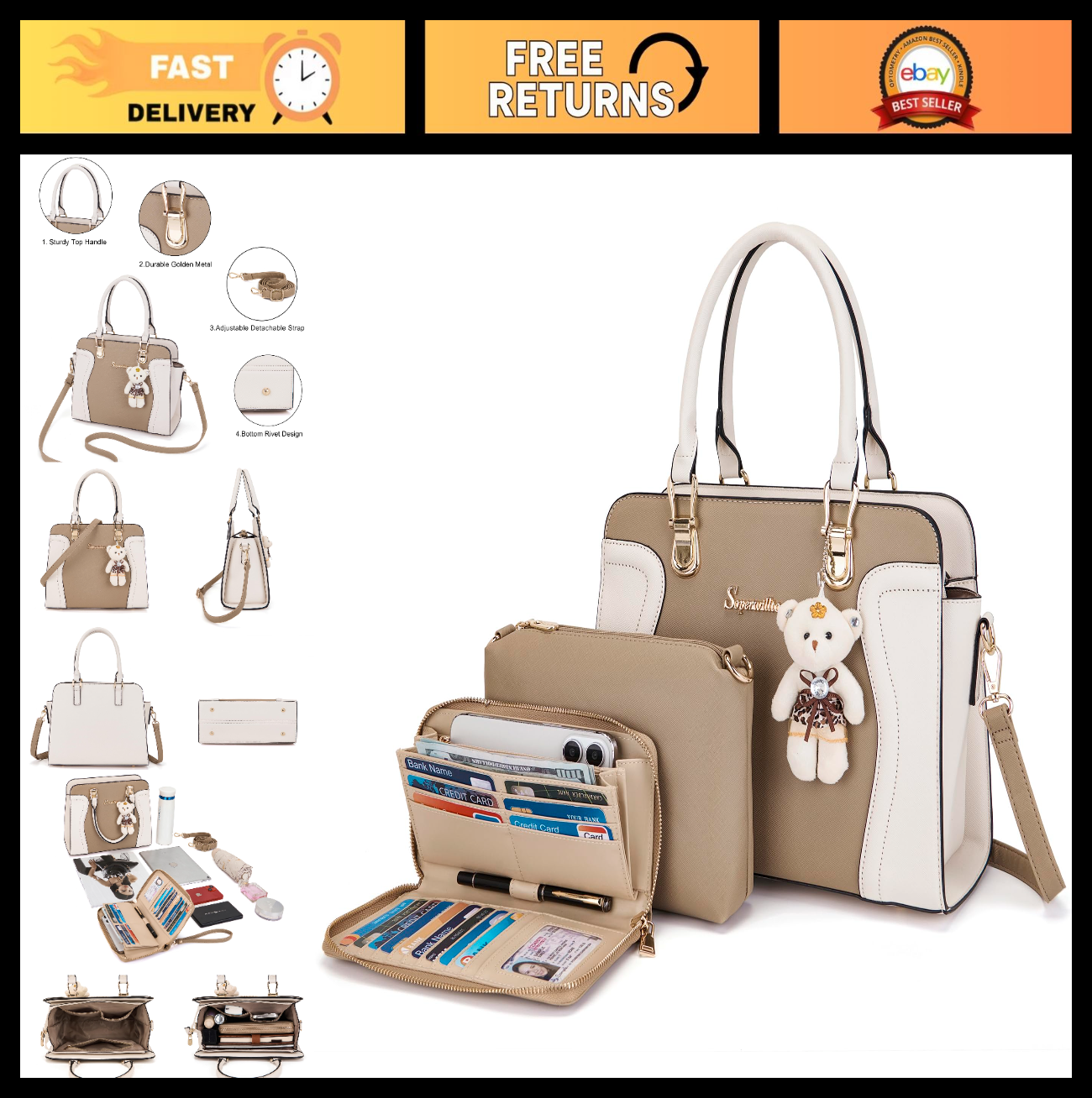 Stylish 3pcs Women's Shoulder Handbags Set - Satchel, Purse & Wallet Combo0