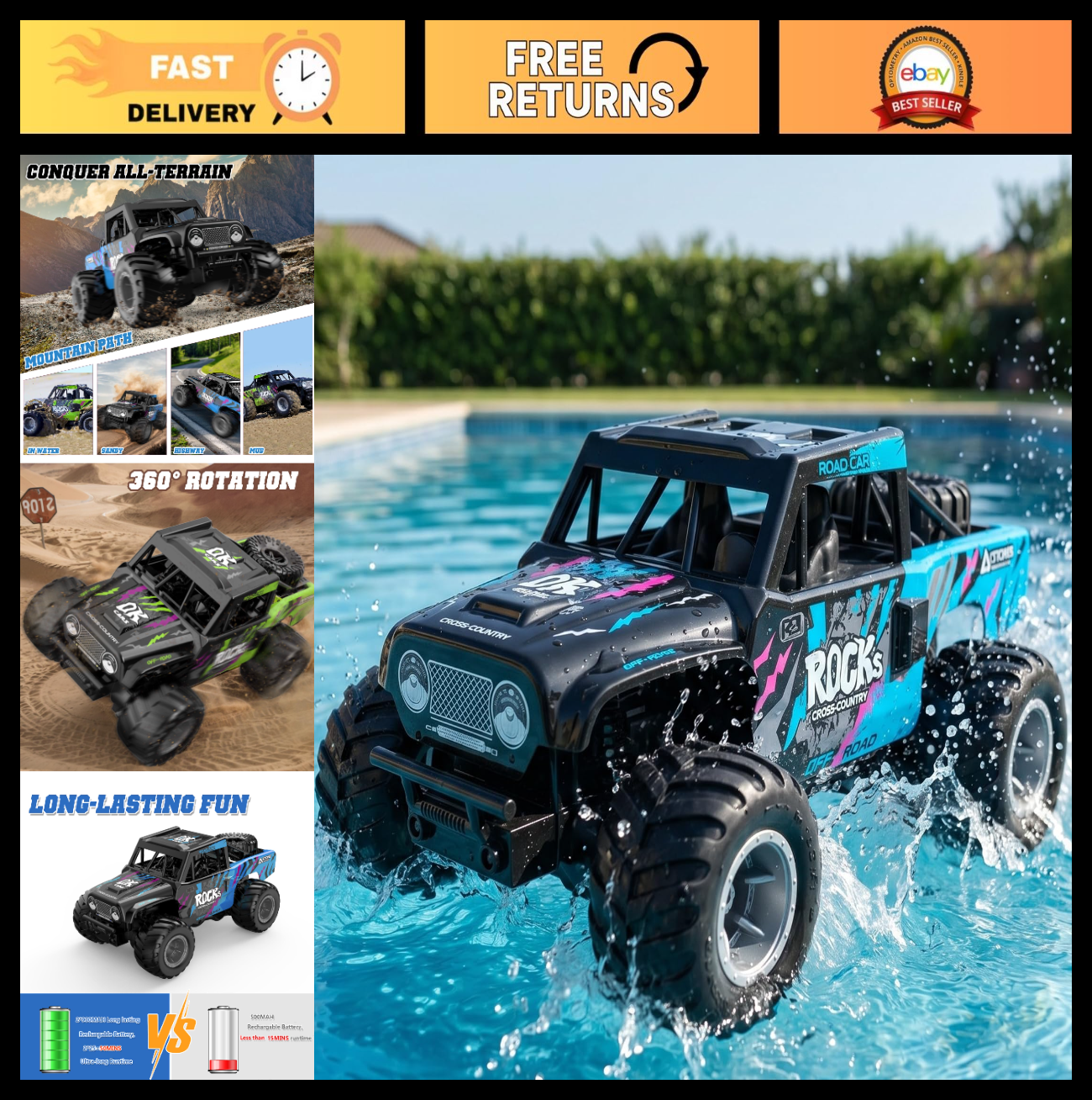Amphibious Remote Control Car - Waterproof All Terrain RC Truck, 50+ Min Playtim0