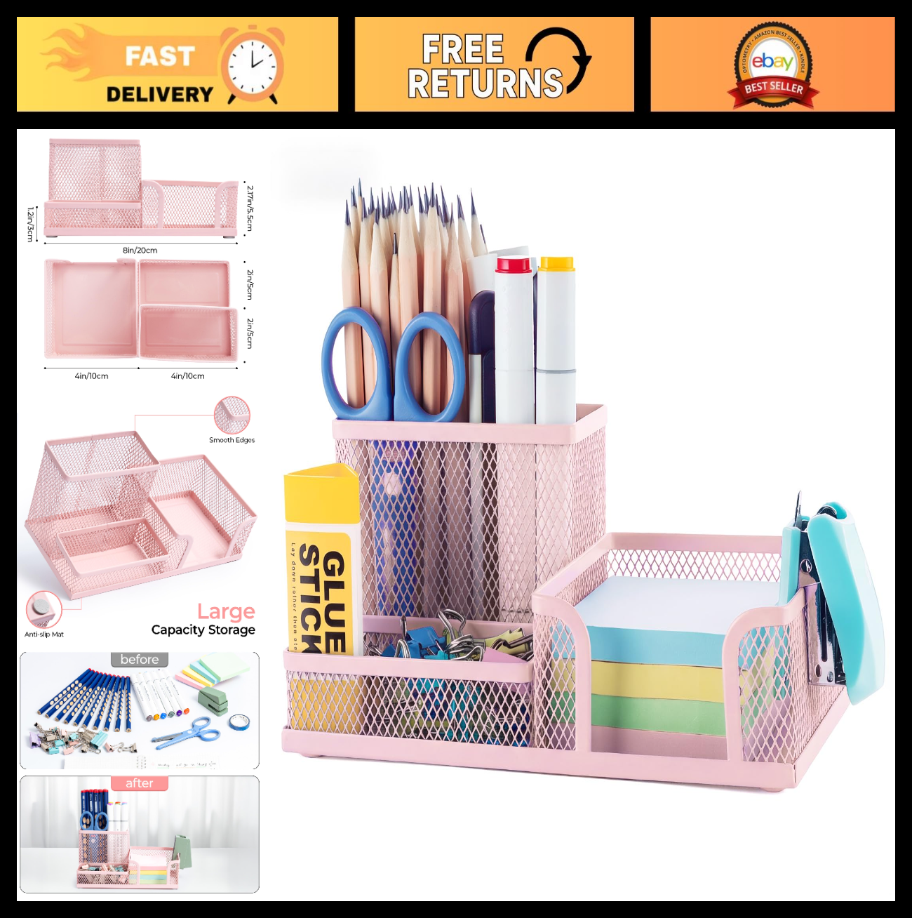 Pink Mesh Pen Holder   3 Compartment Desk Organizer with Sticky Notes Holder, Me0