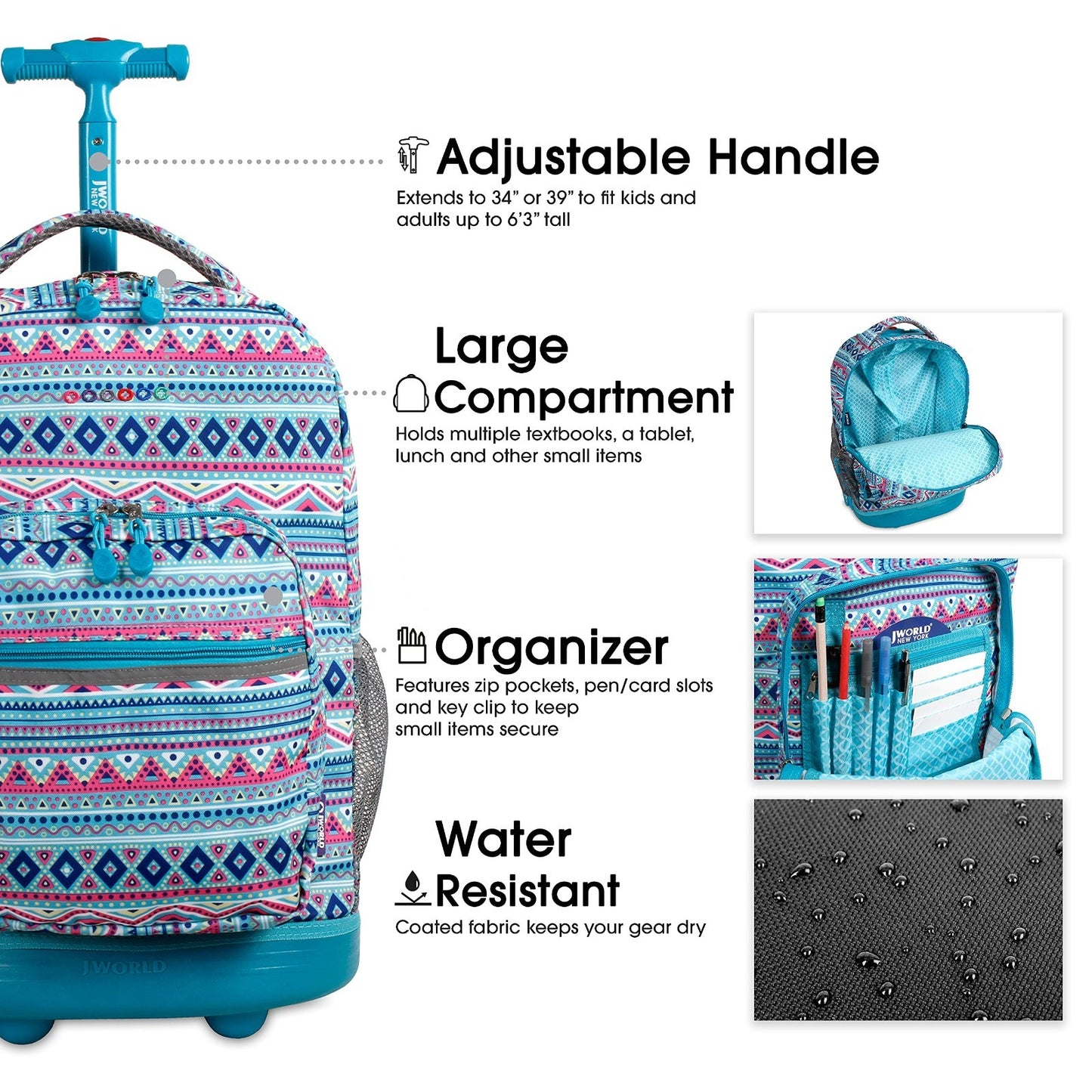 Rolling Backpack with Wheels, Mint Tribal Design, Lightweight & Durable Travel B4
