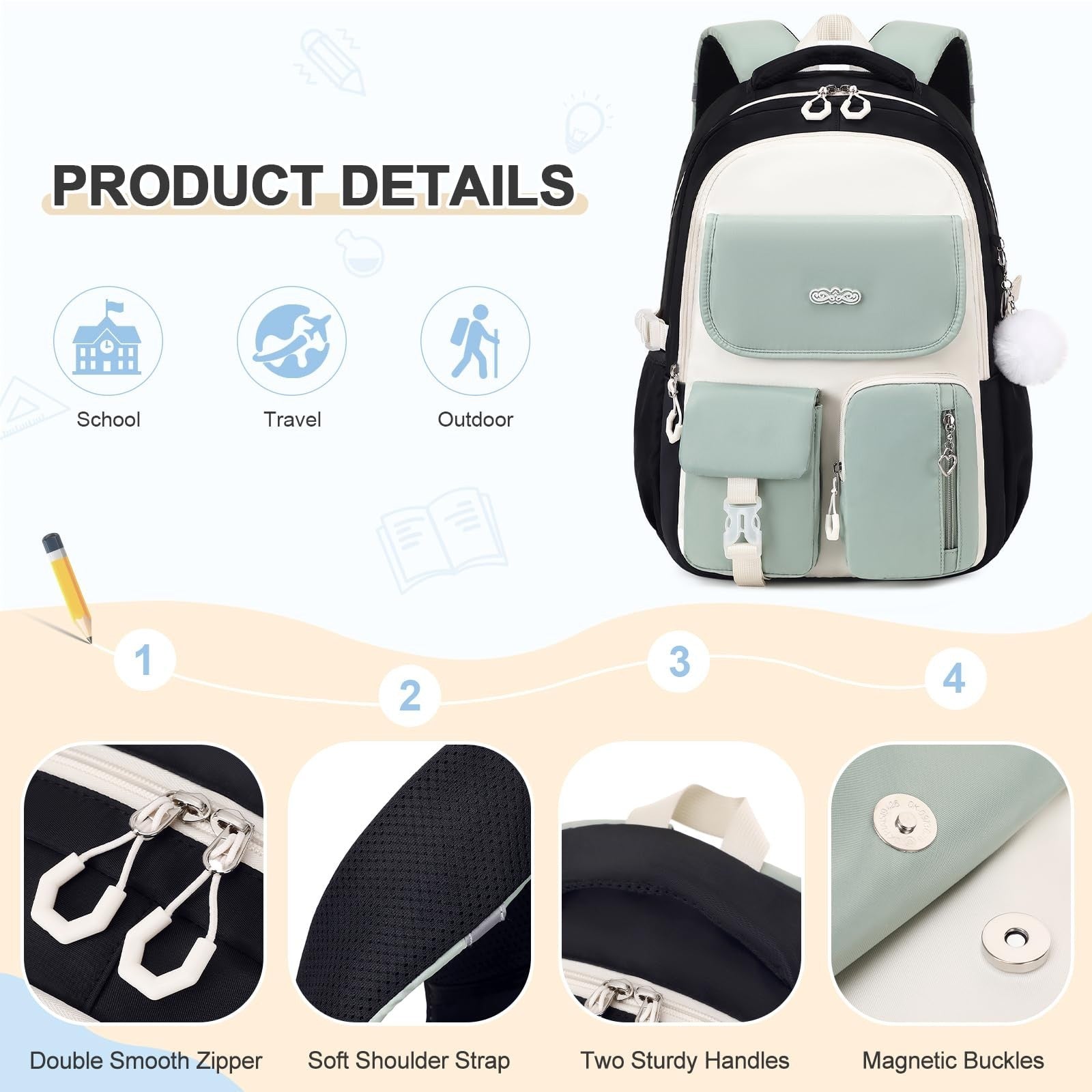 Girls' School Backpack Set 3PCS   Includes Lunch Box & Pencil Pouch, Stylish & D4