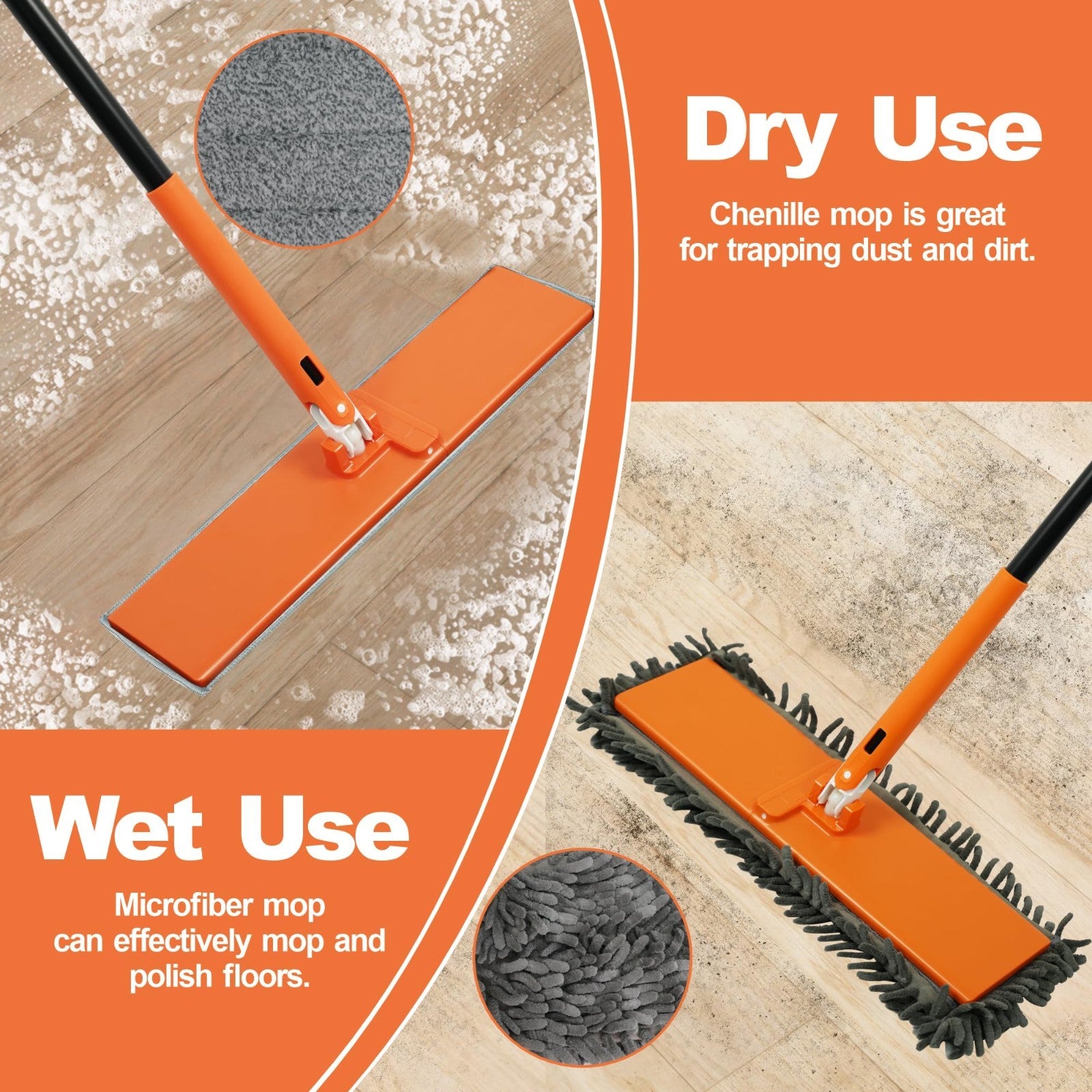 Dust Mop for Hardwood Floors - 90° Foldable Panel, 4 Pads, Wet/Dry Cleaning Tool3