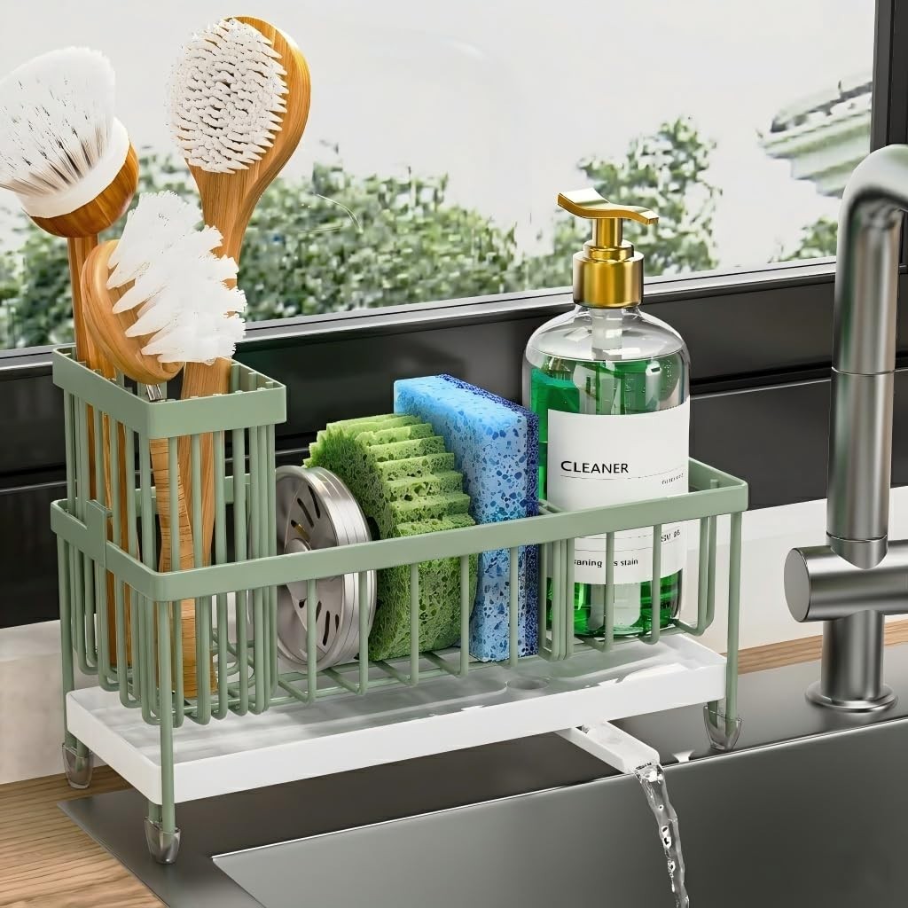 Kitchen Sink Sponge Holder Caddy Organizer, Rustproof 304 Stainless Steel, Sage0