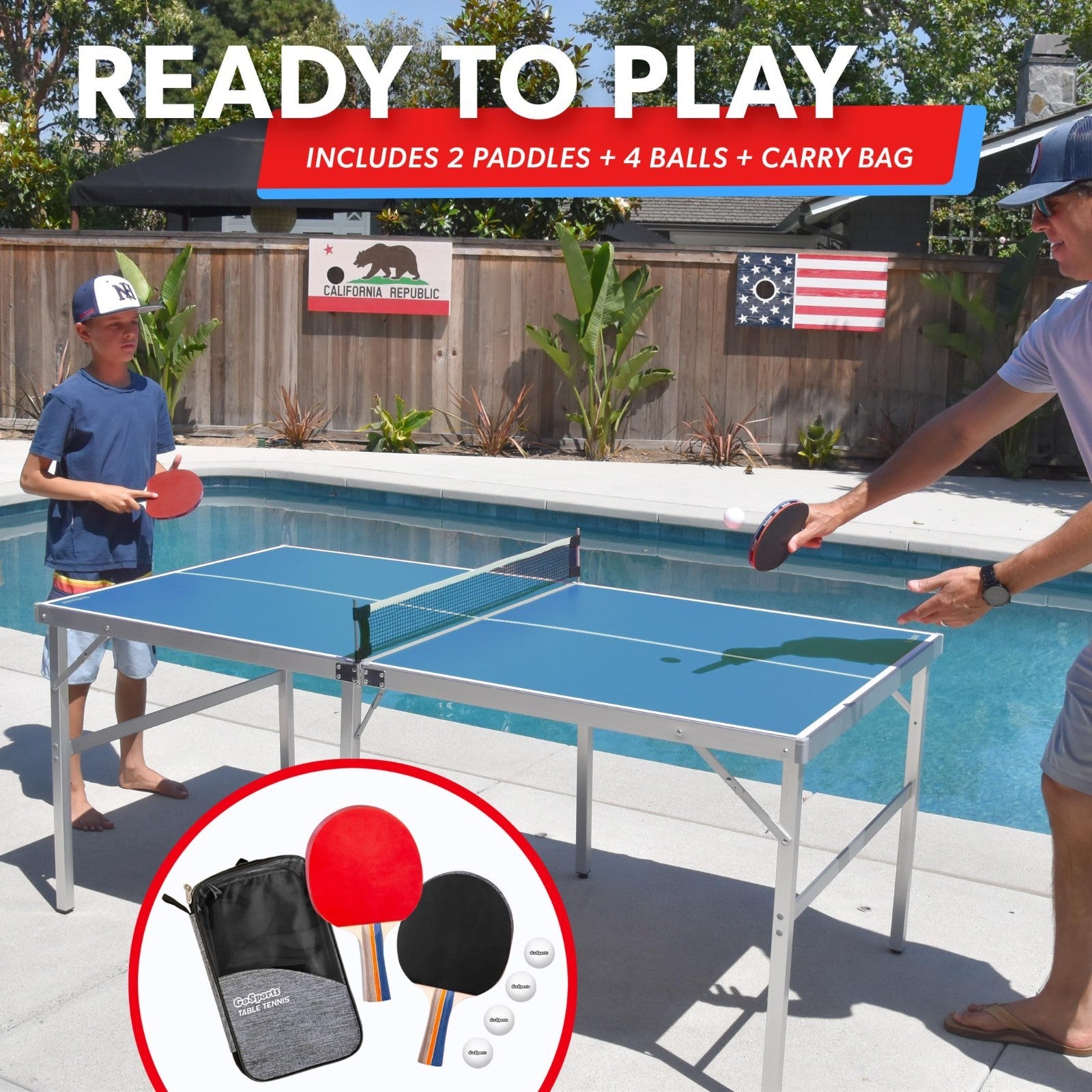 Portable Indoor/Outdoor Table Tennis Set - 2 Paddles, 4 Balls, Net - Red/Blue4