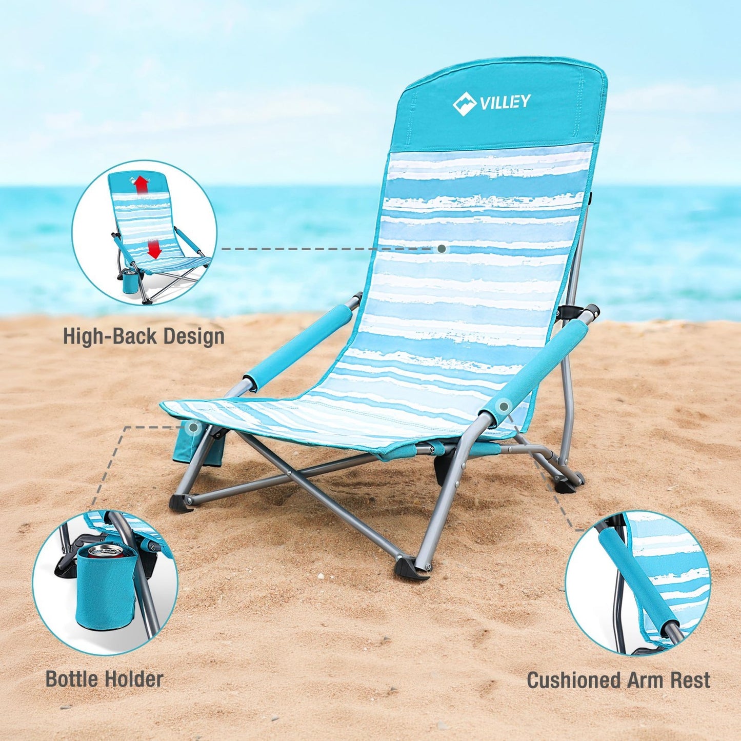 2 Pack Lightweight Folding Beach Chairs - High Back, Portable with Cup Holder -8