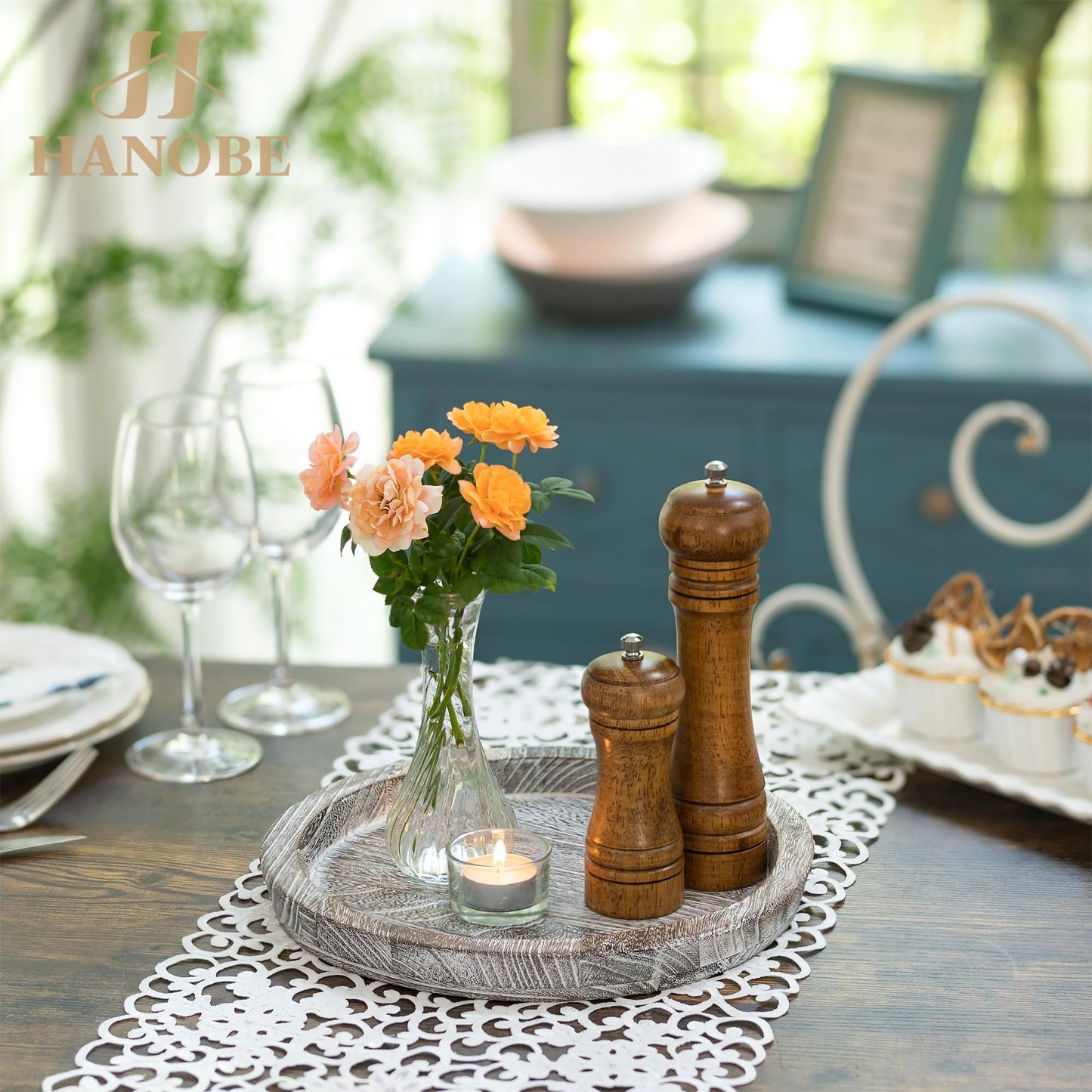Round Wooden Decorative Tray - Candle Plate Holder for Coffee Table & Dining Roo7