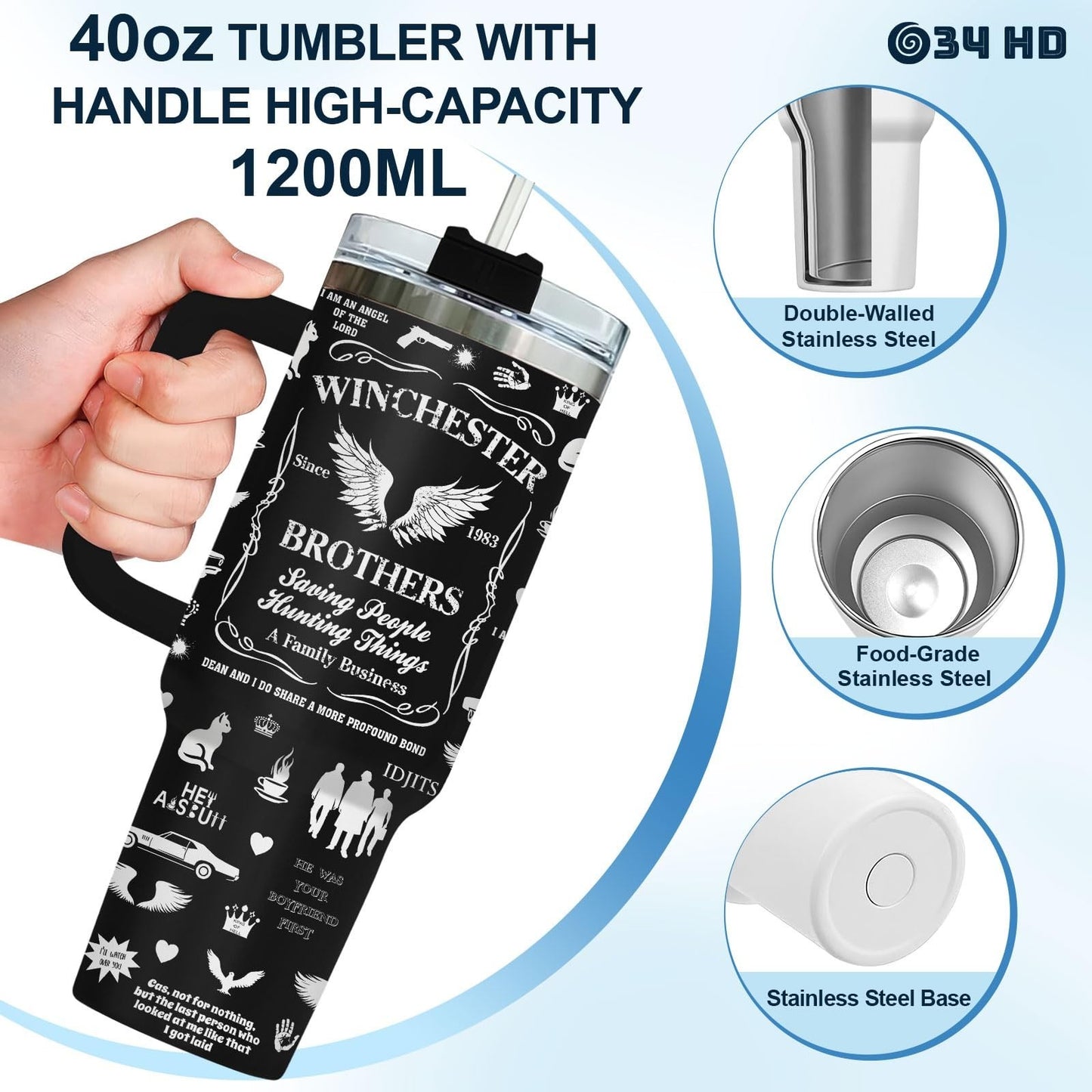 40oz Insulated Tumbler with Handle & Straw   Vintage Car Wings Coffee Cup Gift8