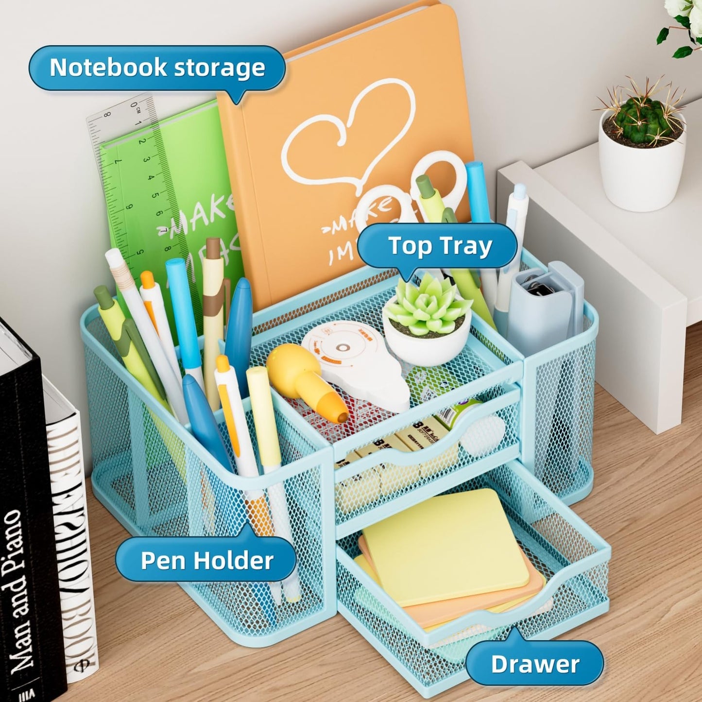 Multi Functional Mesh Desk Organizer with 2 Drawers, 5 Compartments, Blue3