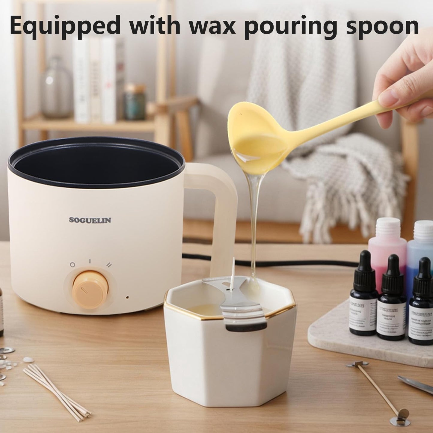 Electric Candle Wax Melter 1.5L with Stirring Spoon & Thermometer - DIY Pot for6