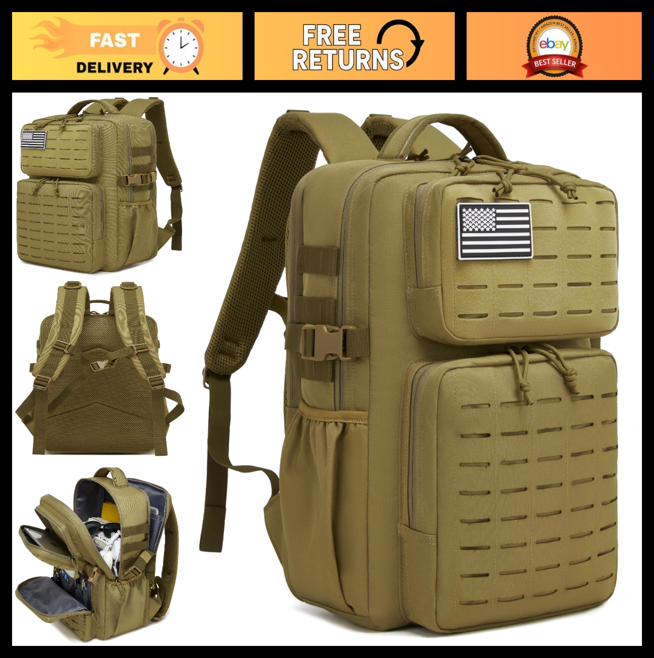 Waterproof Military Tactical Backpack 30L, MOLLE Assault Daypack with Water Bott0