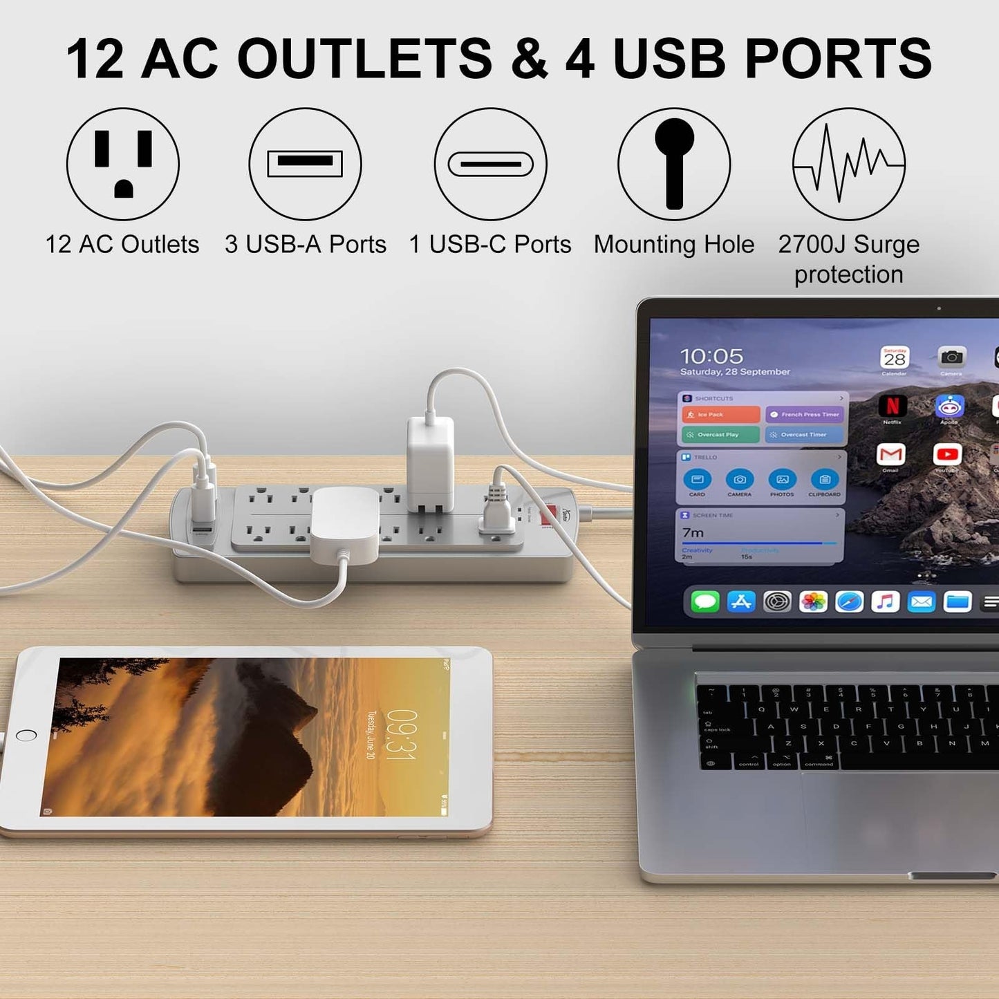 Surge Protector Power Strip with 12 Outlets & 4 USB Ports, 6ft Cord, 2700J ETL2