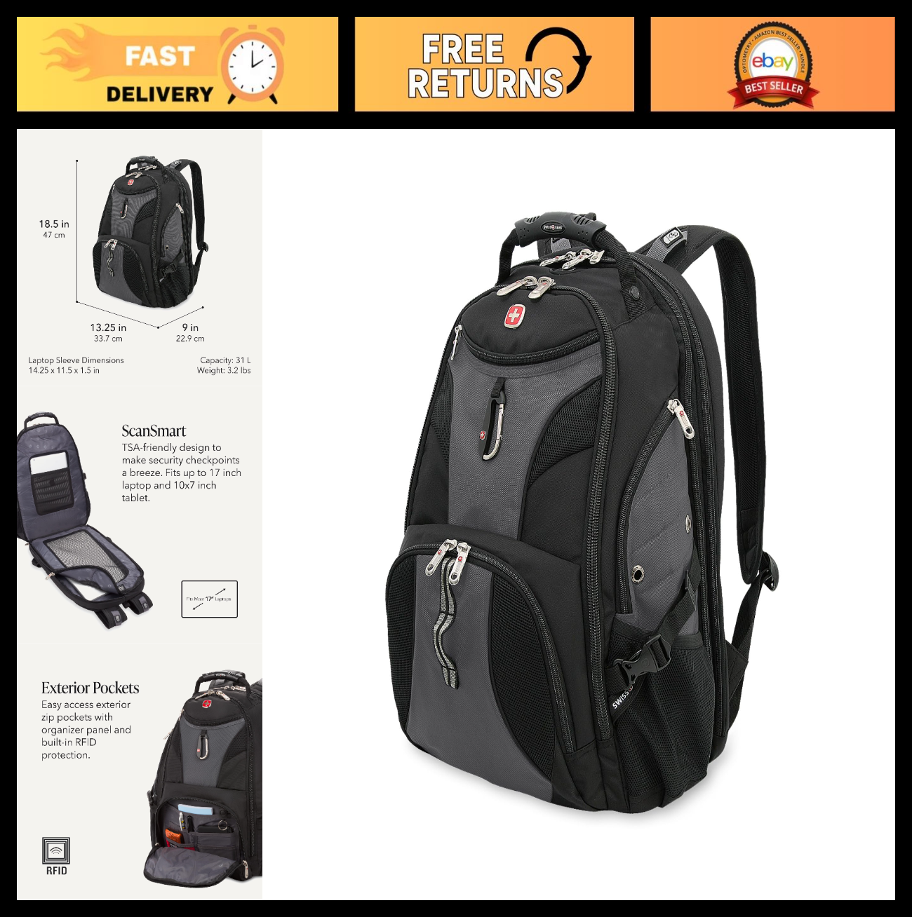 TSA Friendly 17 Inch Laptop Backpack, RFID Protection, Lay Flat Design, Black, 30