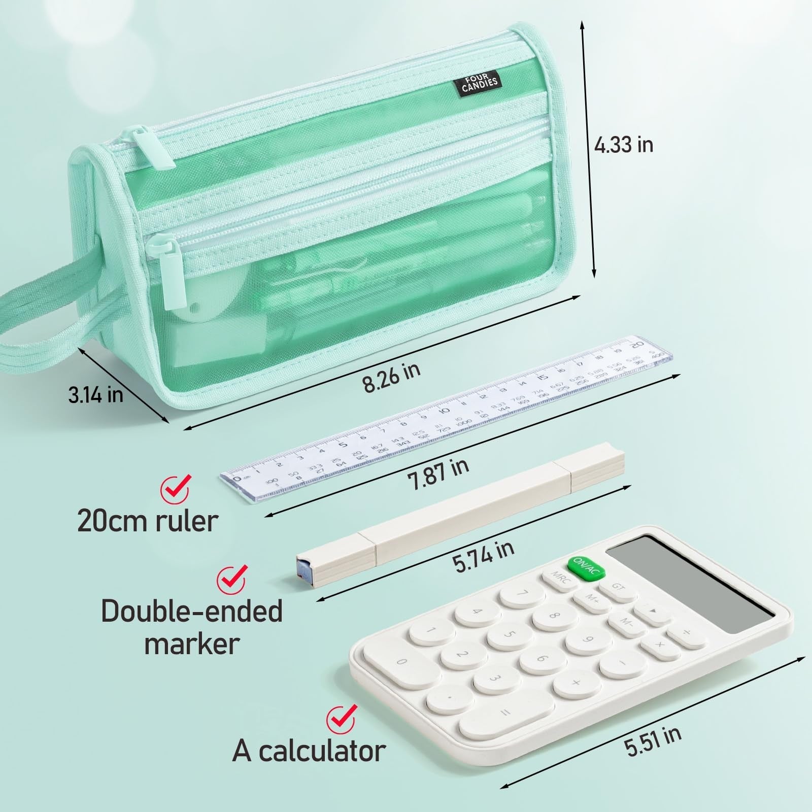 Clear Double Layer Mesh Pencil Case with Handle   Green Grid Design, School Supp2
