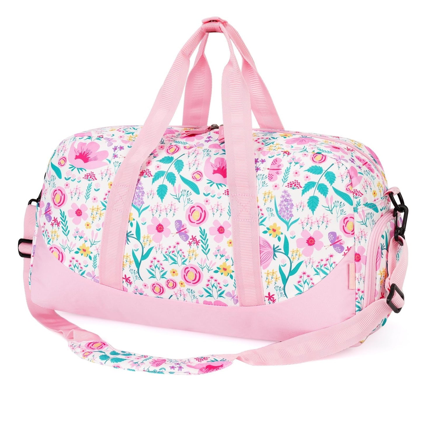 Girls Floral Duffle Bag for Kids - Large Overnight Travel Bag with Shoe Compartm1