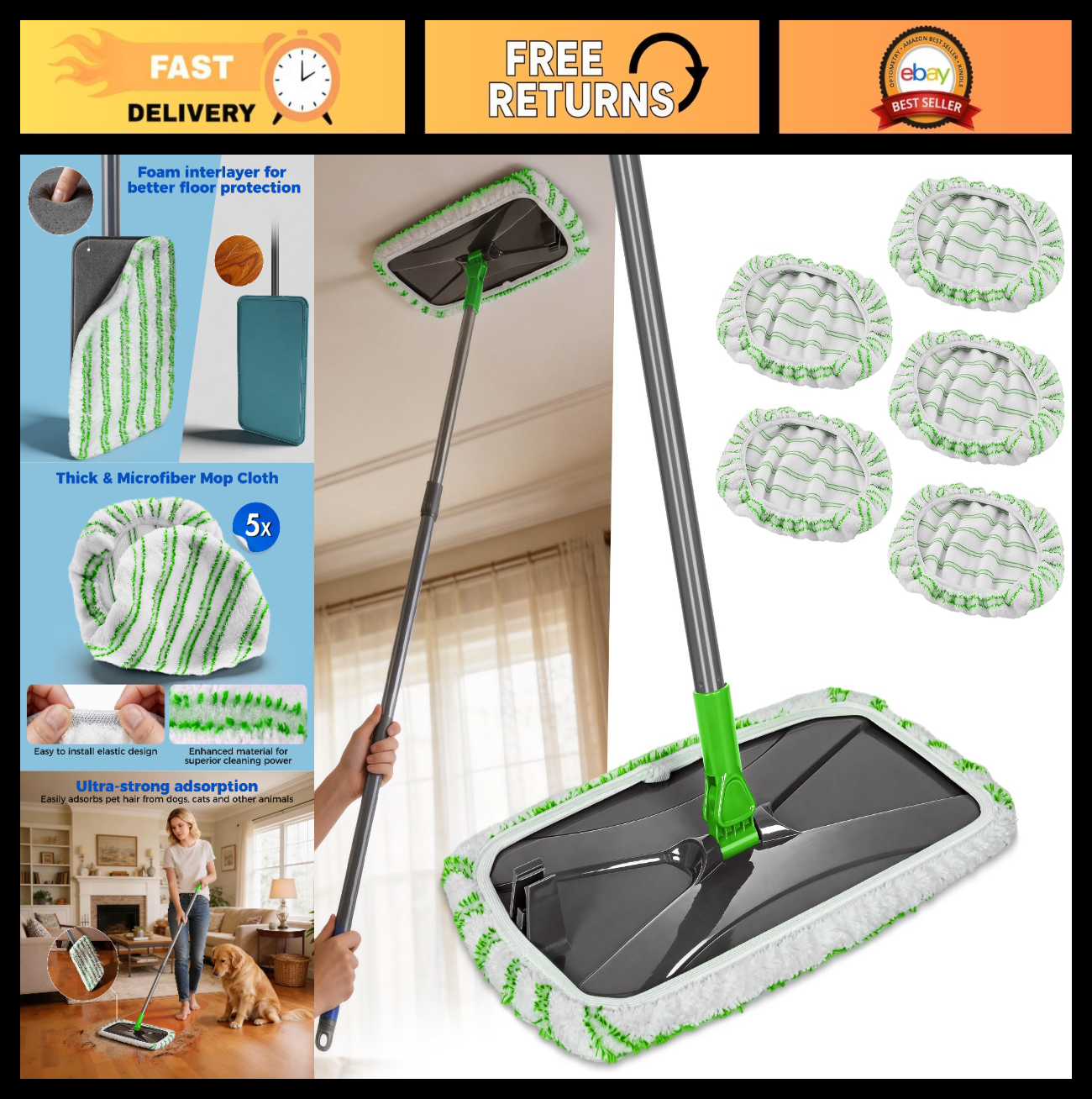 Microfiber Flat Mop 16" with 5 Washable Pads - Efficient Floor Cleaning Tool0