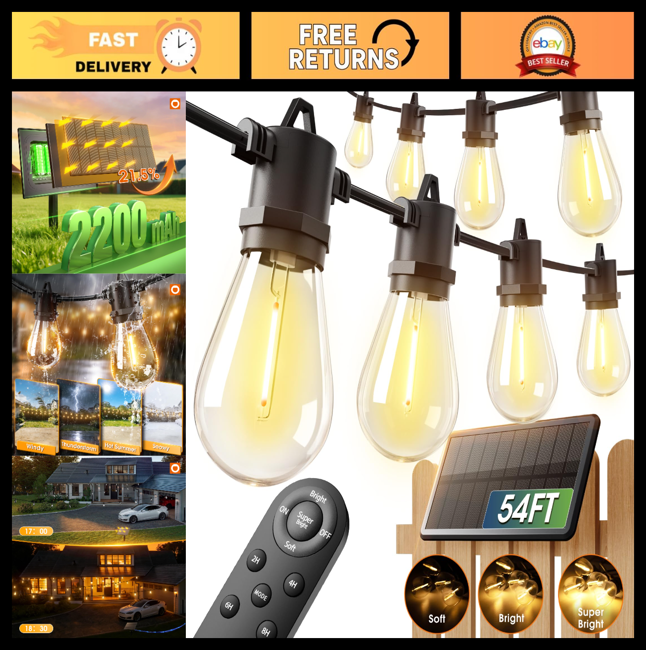 54FT Solar String Lights Outdoor, 20+ Hrs Battery, USB Charging, IP65 Waterproof0