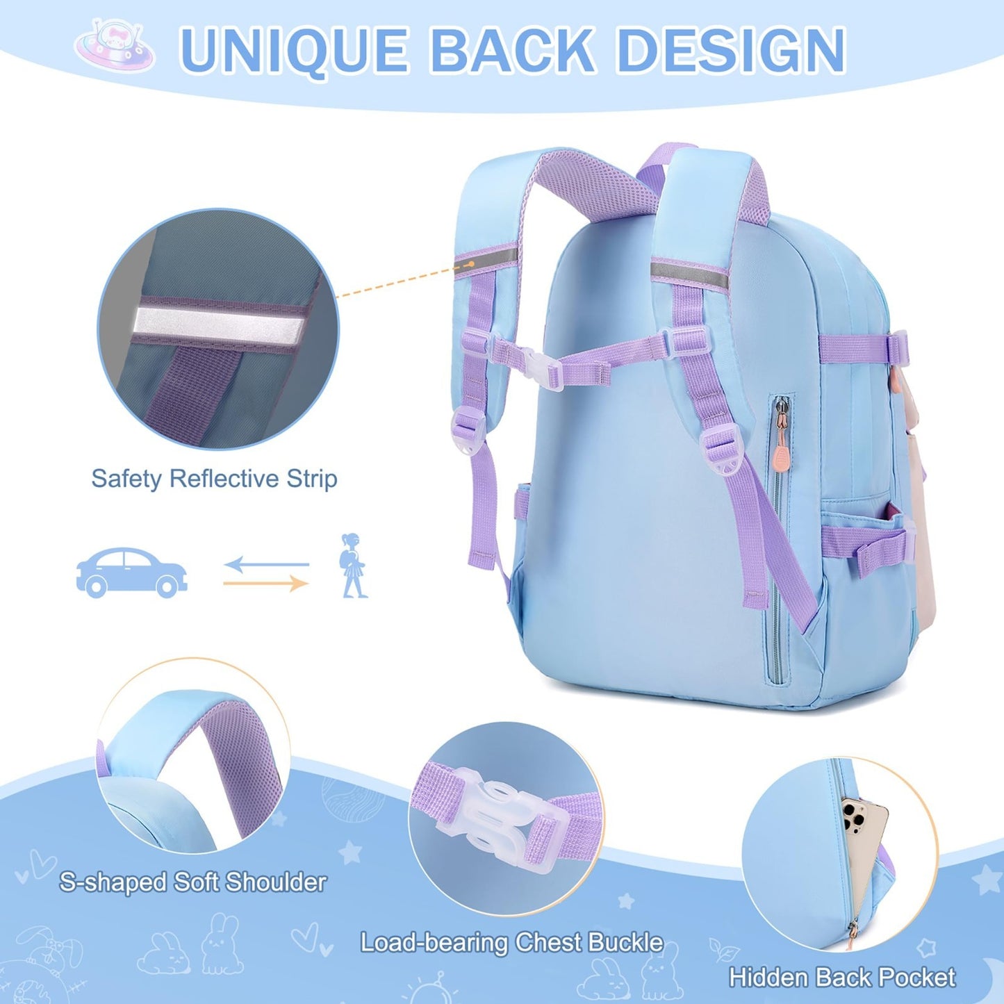 Cute Bunny Girls Backpack Set   3PCS School Bag with Lunch Box & Pencil Case, Bl4