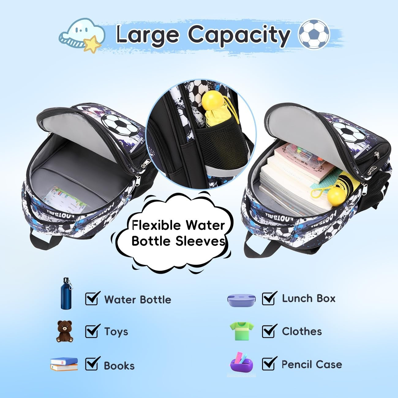 Lightweight Waterproof School Backpack for Kids, Large Capacity, Soccer Print, 16