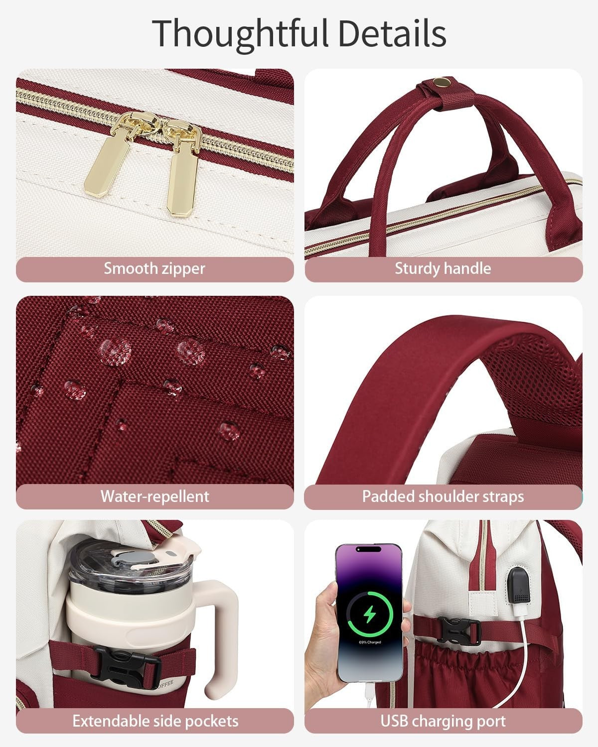 Stylish Laptop Backpack for Women   College Bookbag with USB Charger & Cup Holde4