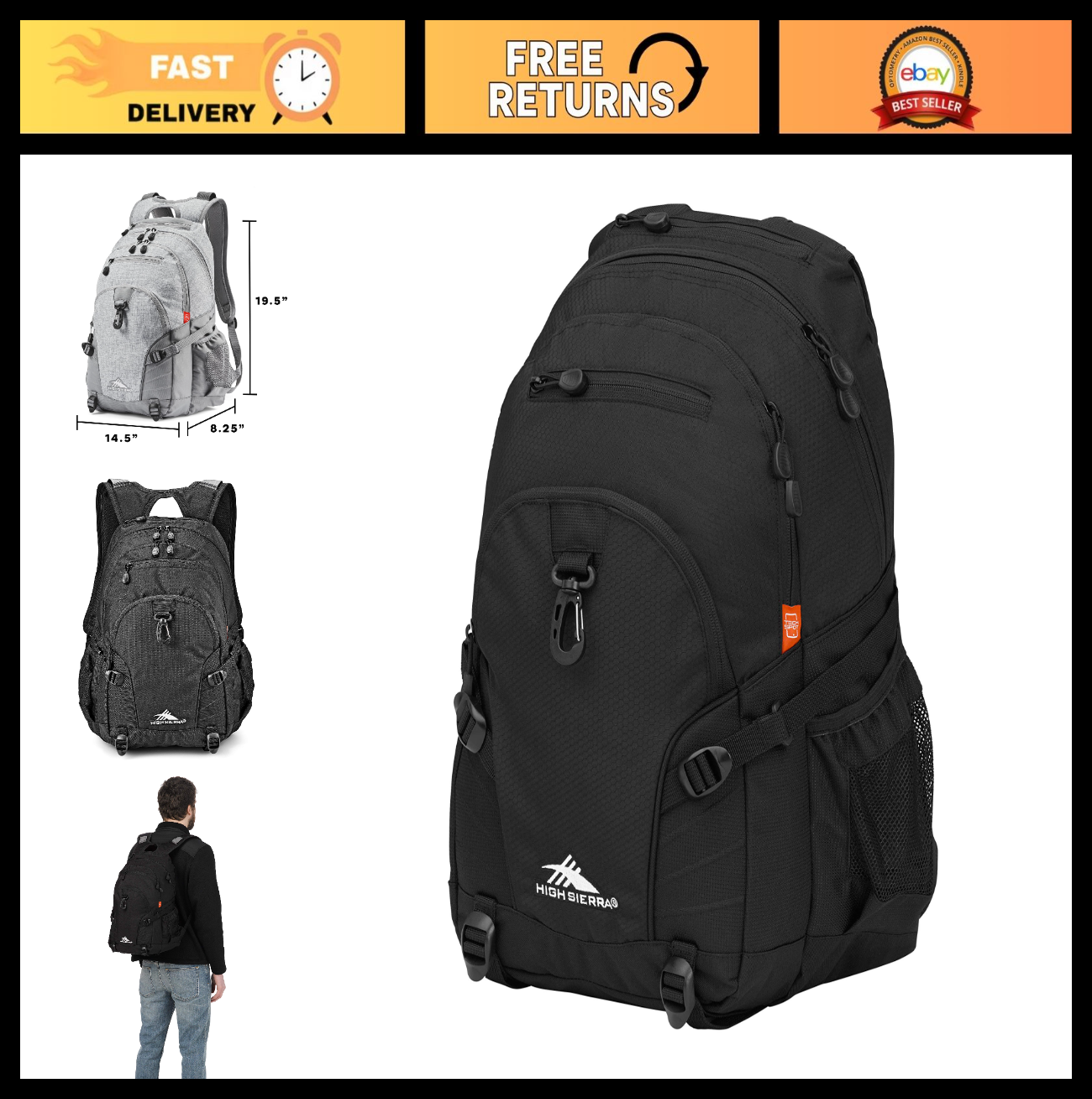 Versatile Black Backpack for Travel or Work   Tablet Sleeve, One Size, Durable D0