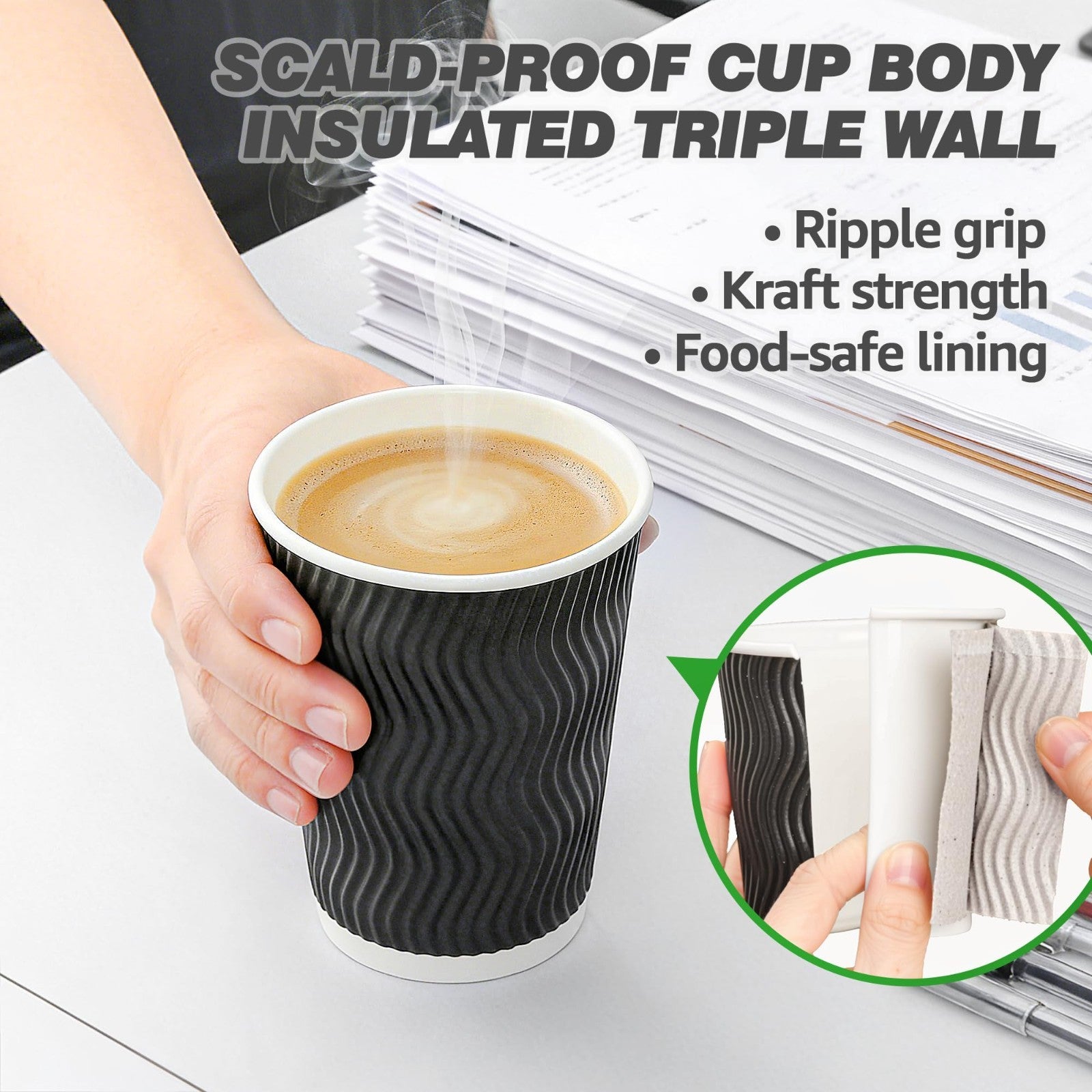 12oz Disposable Coffee Cups with Lids - 50 Pack Insulated Ripple Wall Paper for3