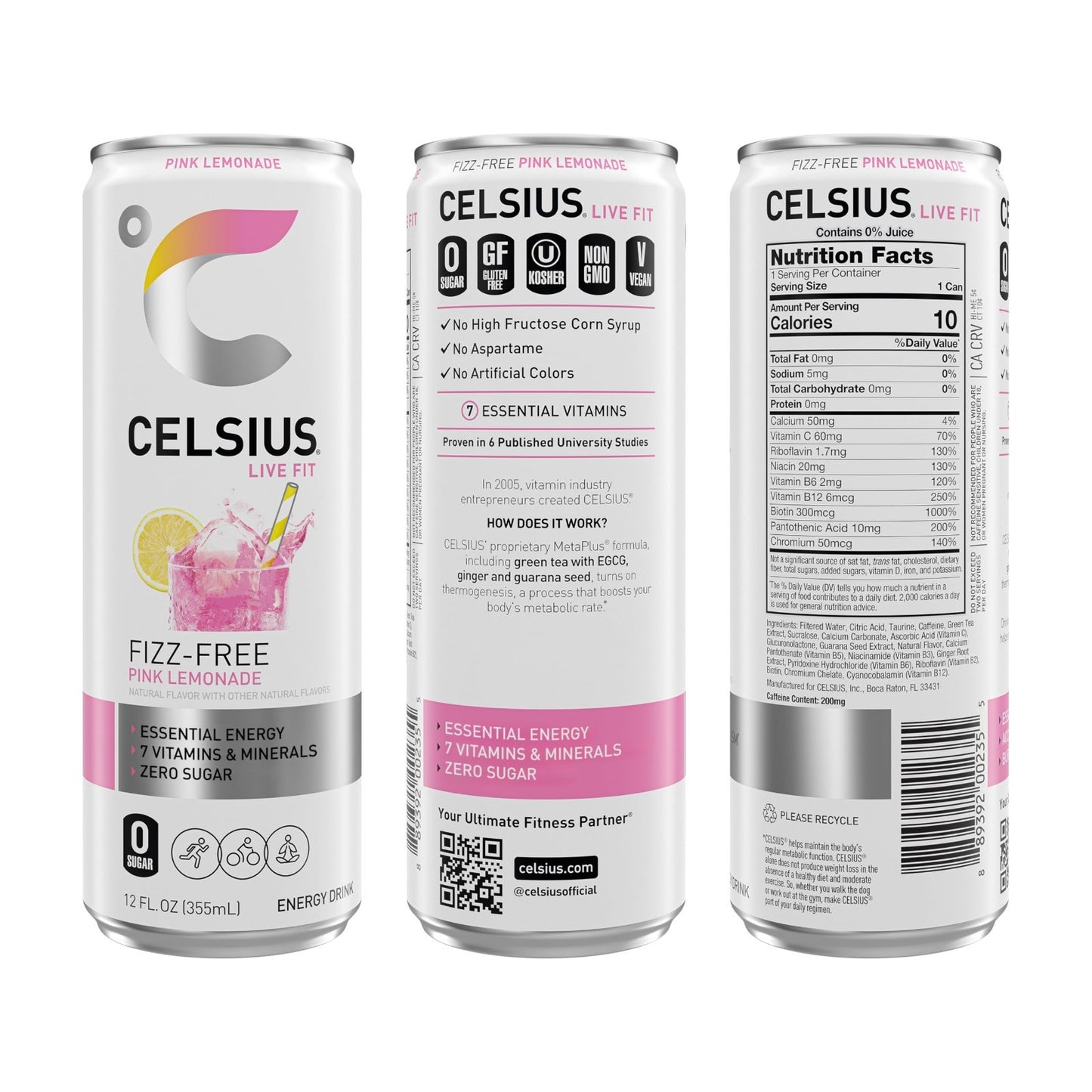 Sugar Free Energy Drink Fizz Free Pink Lemonade, 12 Fl Oz, Pack of 12 Cans1