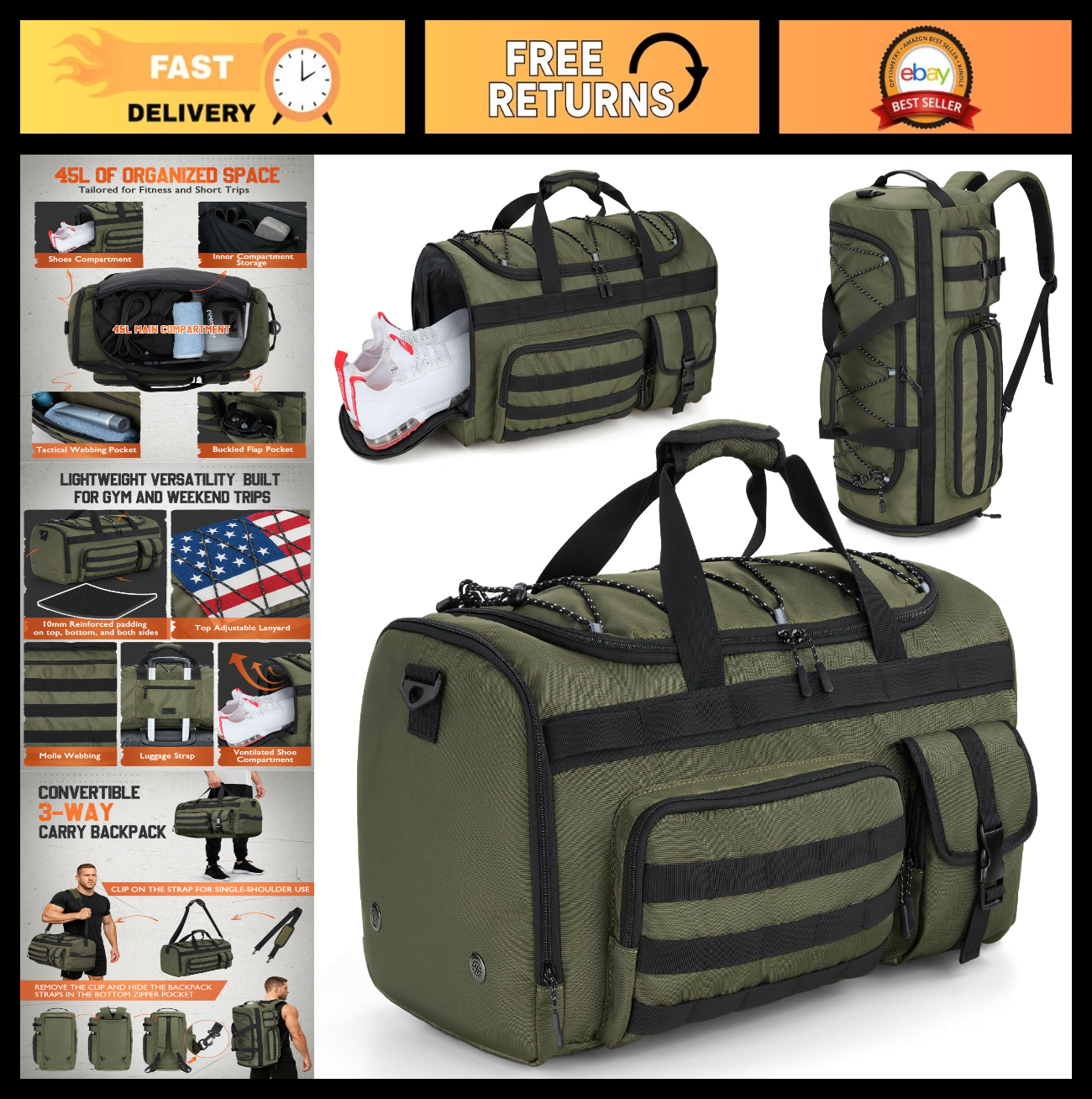 45L 3 in 1 Duffel Bag for Gym, Travel & Sports   Versatile, Lightweight & Durabl0