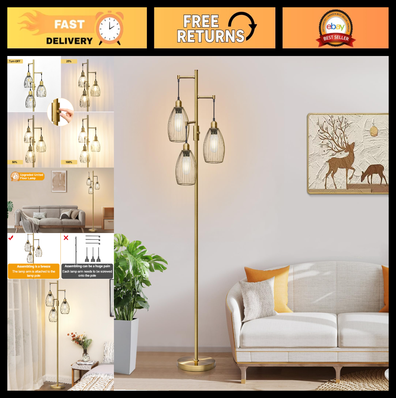 Dimmable Floor Lamp with 3 LED Edison Bulbs, Industrial Farmhouse Style, Tall Te0
