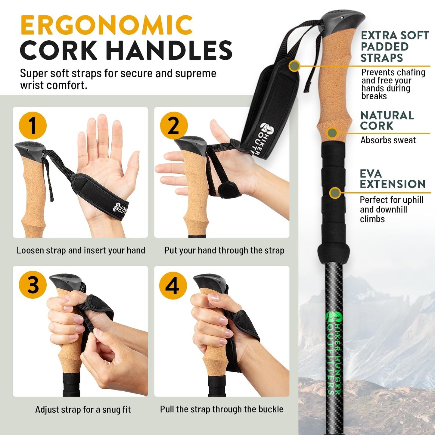Lightweight Carbon Fiber Trekking Poles - Collapsible Hiking Sticks with Cork Gr4
