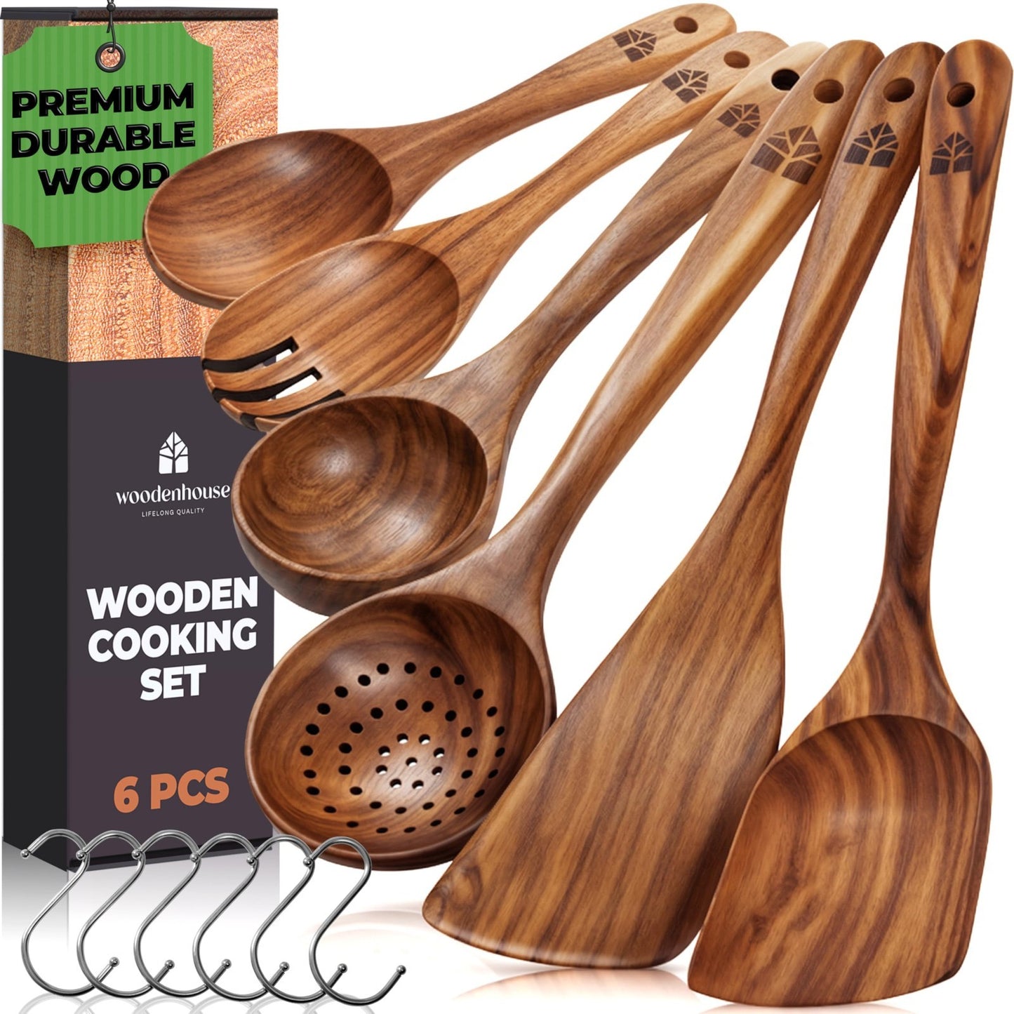 Premium Teak Wooden Cooking Spoons Set   6 Pcs, Durable, Nonstick, Heat Resistan1