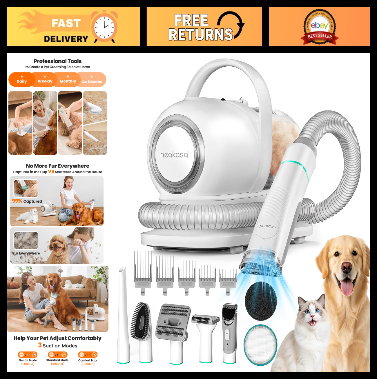 6-in-1 Pet Grooming Vacuum Kit, Dog Clippers & Hair Remover, 9000Pa Suction, Low0