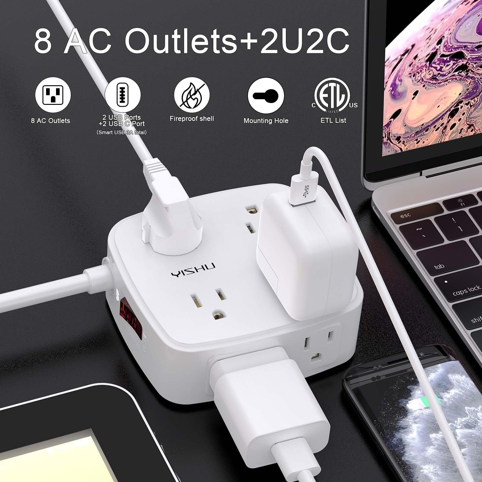 8 Outlet Surge Protector Power Strip with 4 USB Ports, 3ft Extension Cord, Wall2