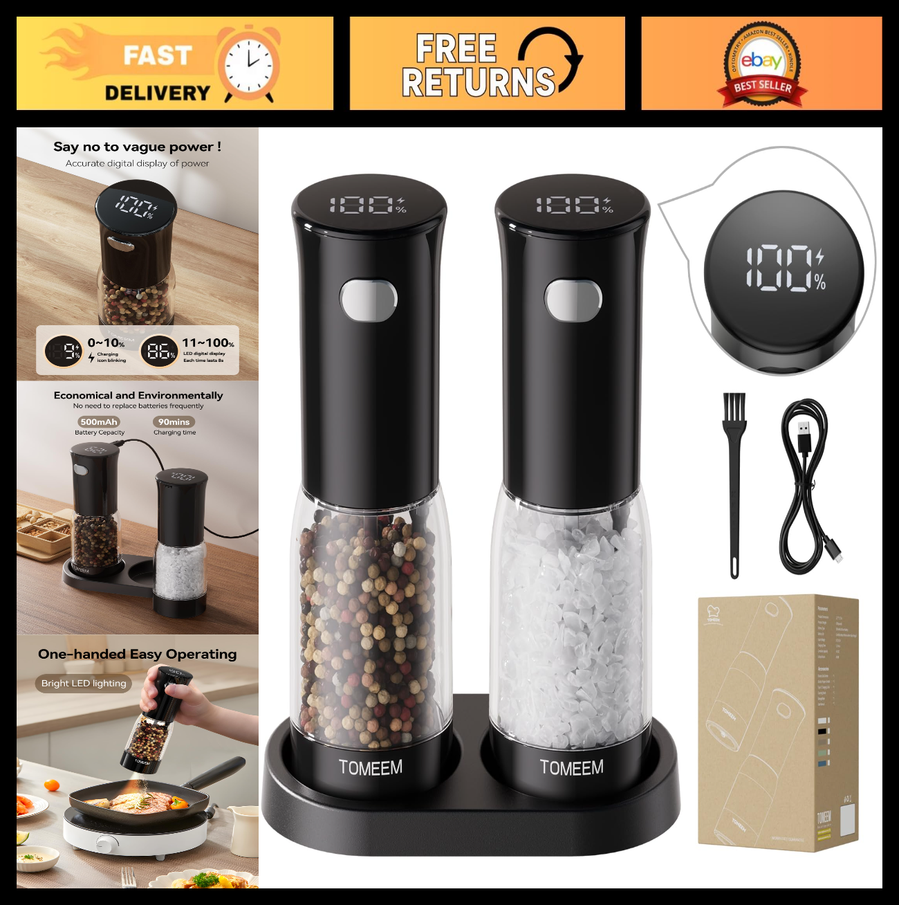 Rechargeable Electric Salt & Pepper Grinder Set with LED Light, 5-Level Adjustab0