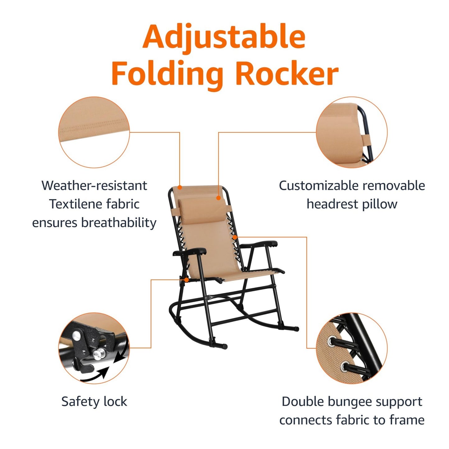 Outdoor Portable Folding Rocking Chair with Headrest, Ergonomic, Weather Resista4