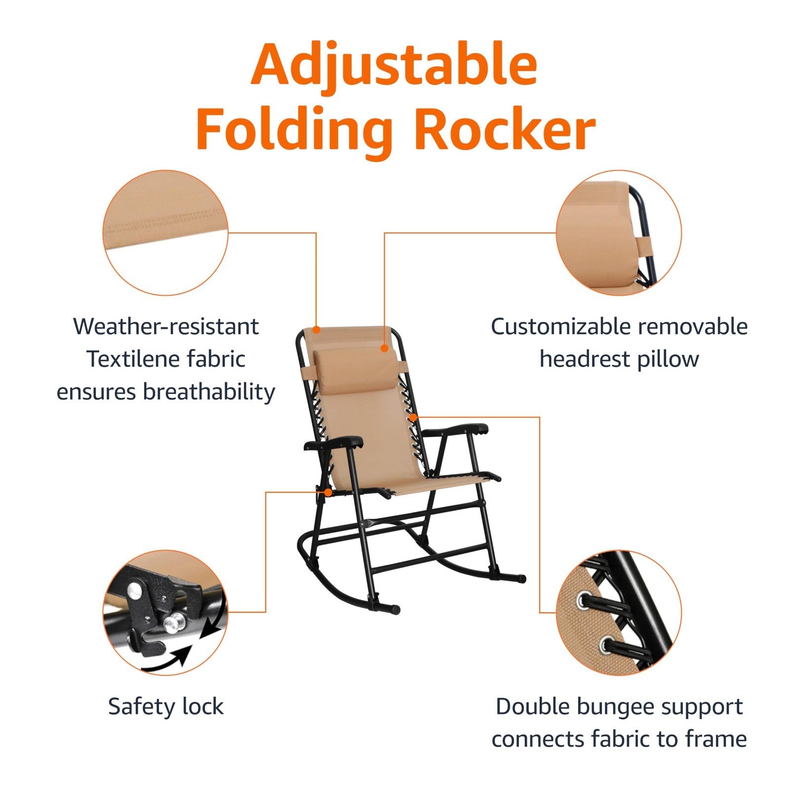 Outdoor Portable Folding Rocking Chair with Headrest, Ergonomic, Weather Resista4