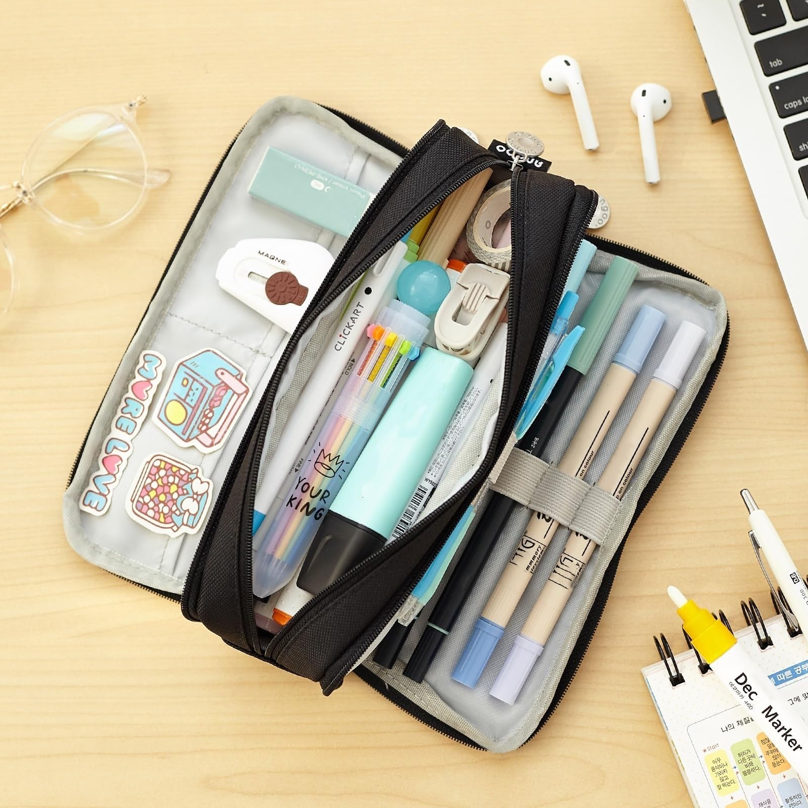 Large Capacity 3 Compartment Pencil Case Pouch Pen Bag for School & Office   Bla5