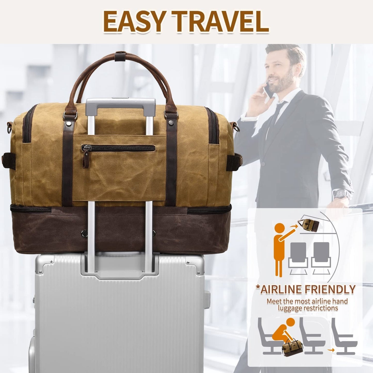 Large Canvas Overnight Bag with Shoe Compartment - Men's Travel Duffel Luggage3
