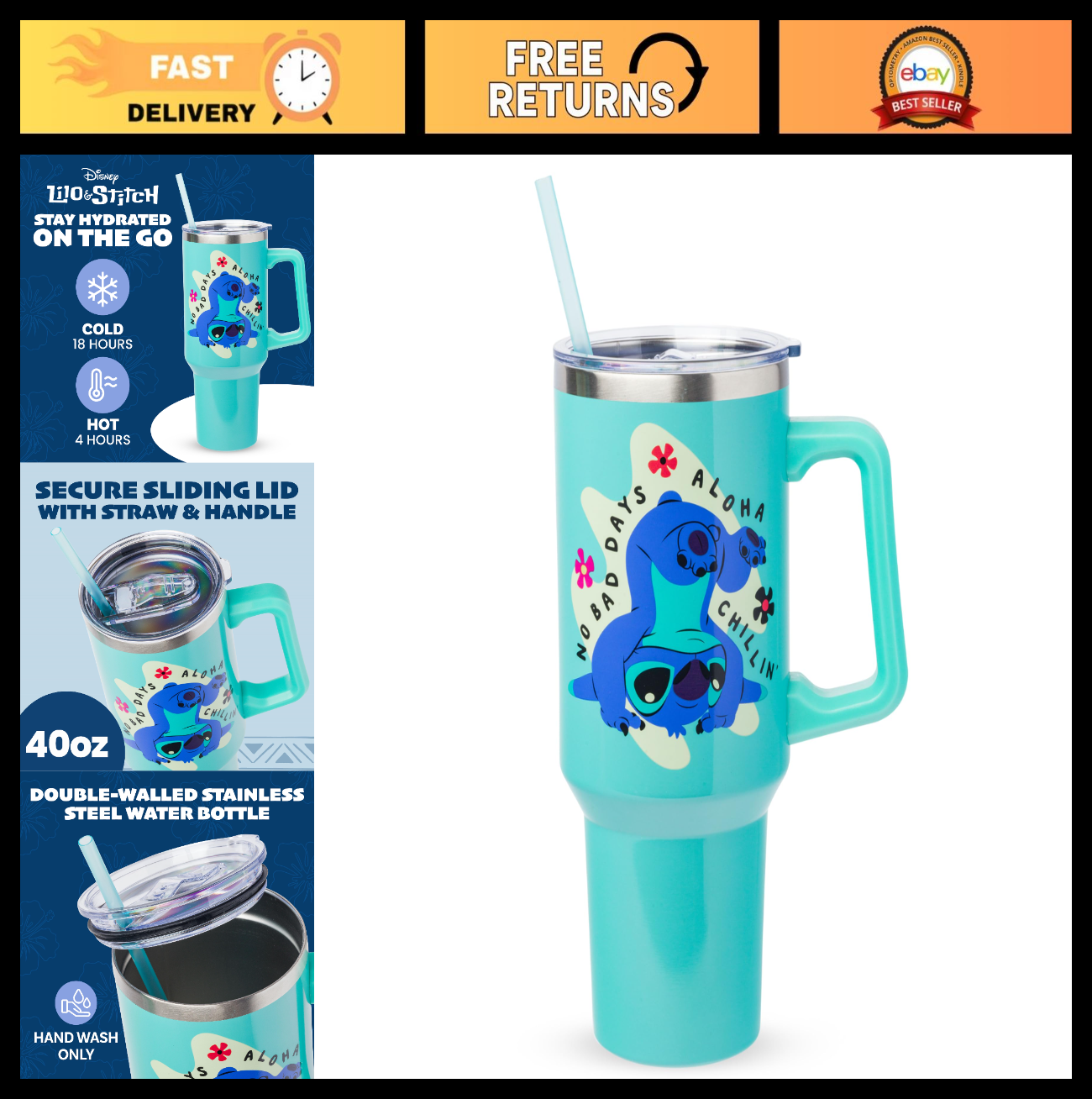 40oz Double Walled Stainless Steel Tumbler   Disney Lilo & Stitch Aloha, Fits Cu0