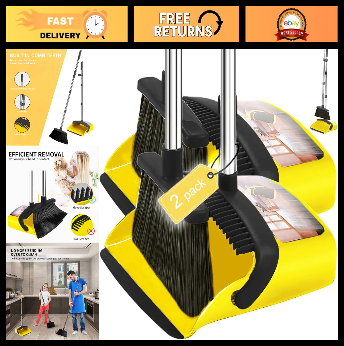 2-Pack Broom & Dustpan Set, 52" Long Handle, Self-Cleaning Teeth, Indoor/Outdoor0