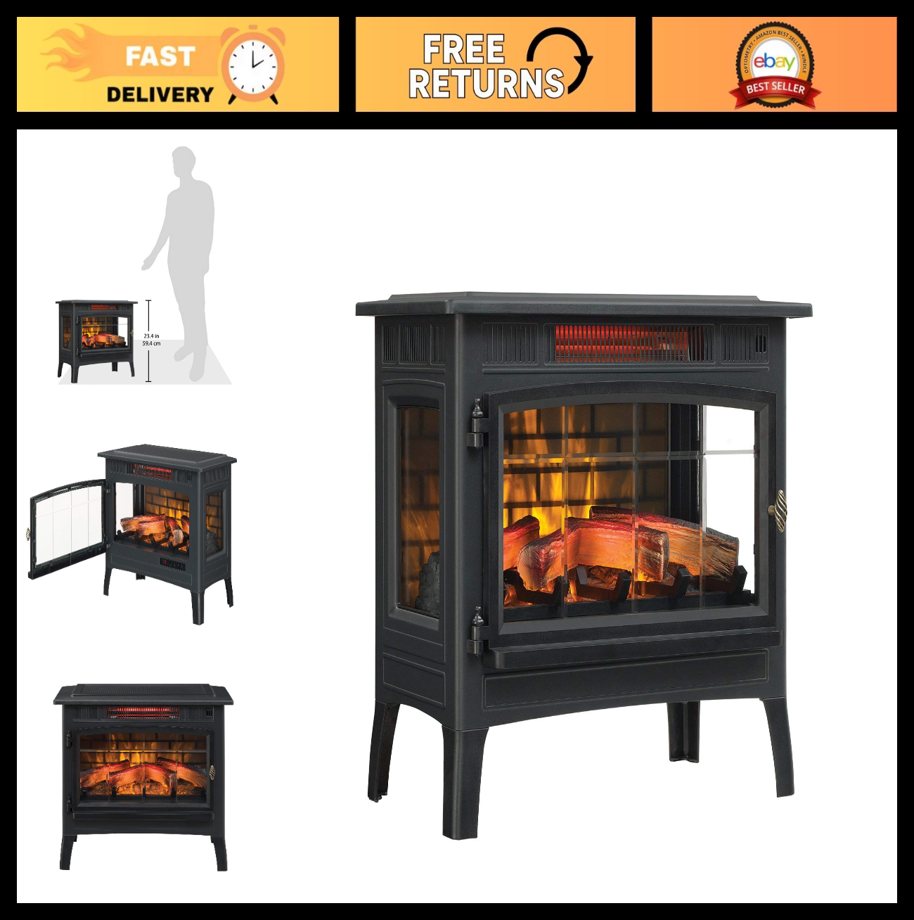 Freestanding Electric Fireplace Stove Heater with 3D Flame Effect, 1,000 Sq. Ft.0