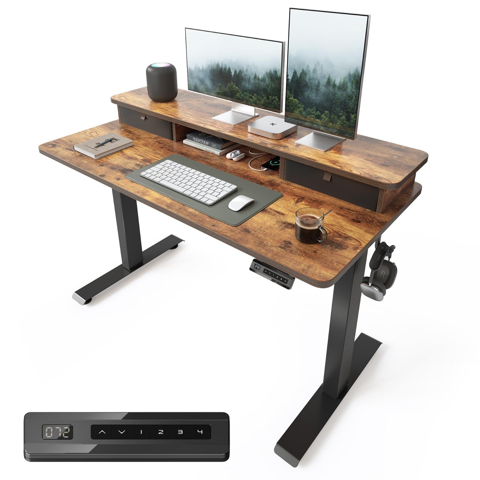 Height Adjustable Electric Standing Desk 48x24 with Double Drawer & Storage Shel1