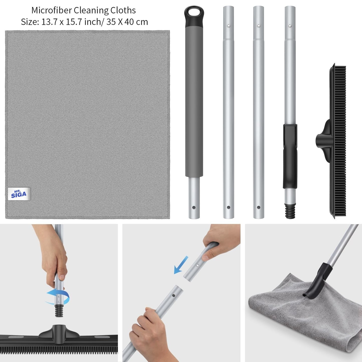 Pet Hair Removal Rubber Broom with Squeegee, 3-in-1 Floor Brush, Adjustable Hand5