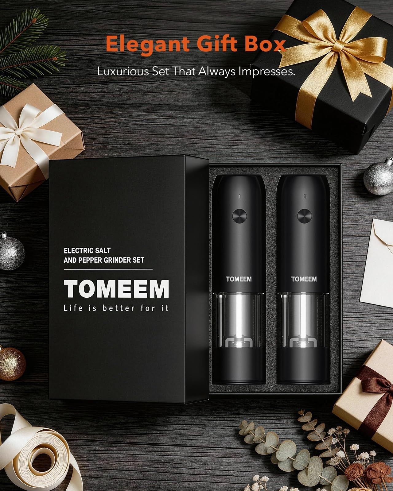 Rechargeable Electric Salt & Pepper Grinder Set with LED, Adjustable Coarseness,6