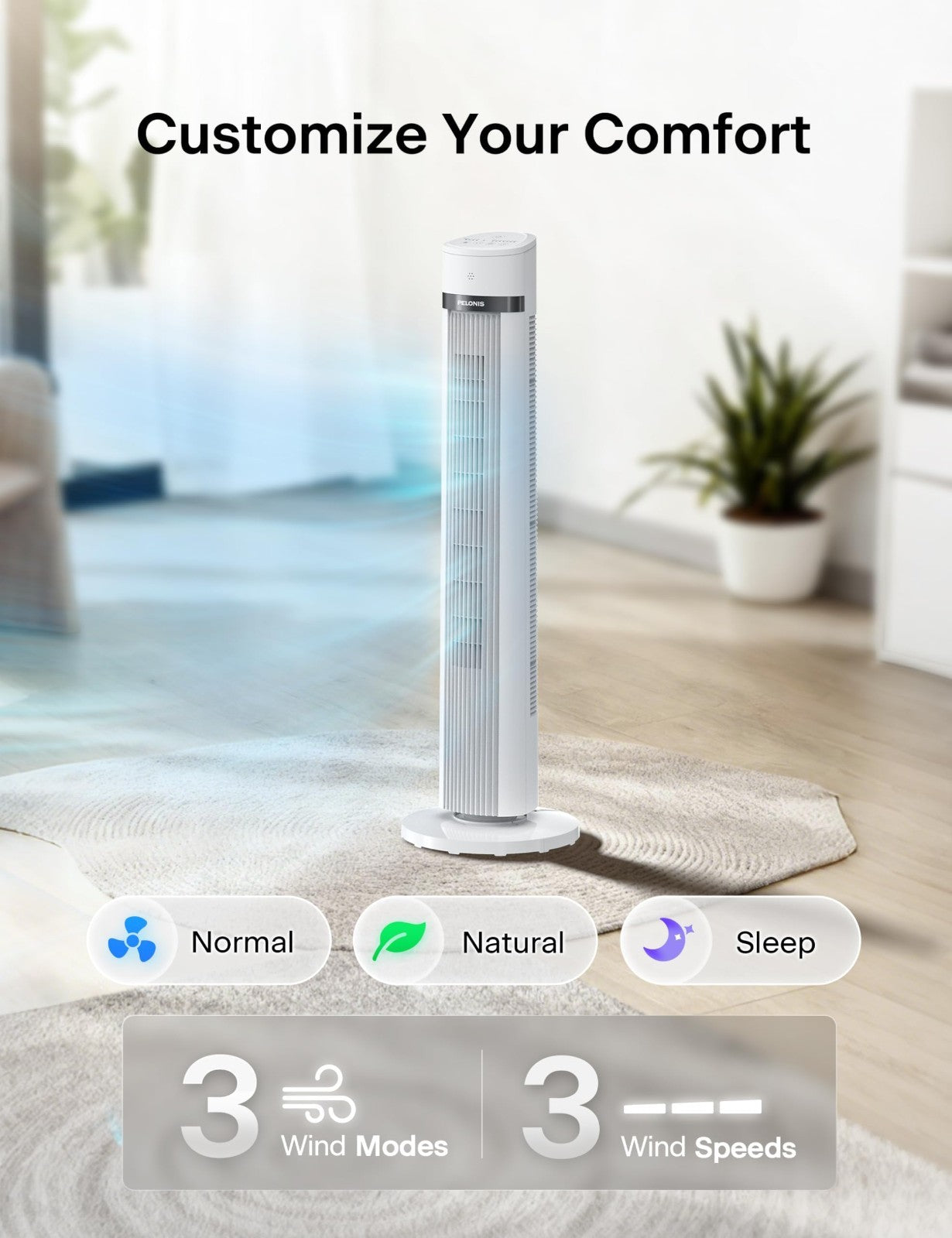 40" Oscillating Tower Fan with Remote   3 Speeds, 3 Modes, Quiet 27dB, Timer, LE3
