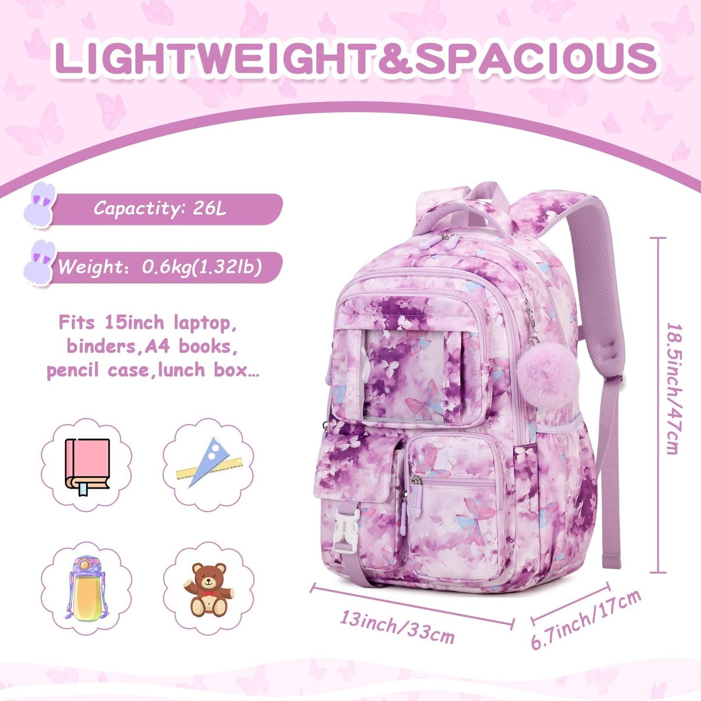 Kawaii Purple Butterfly Kids Backpack for Girls - School Bag for Middle & Elemen2