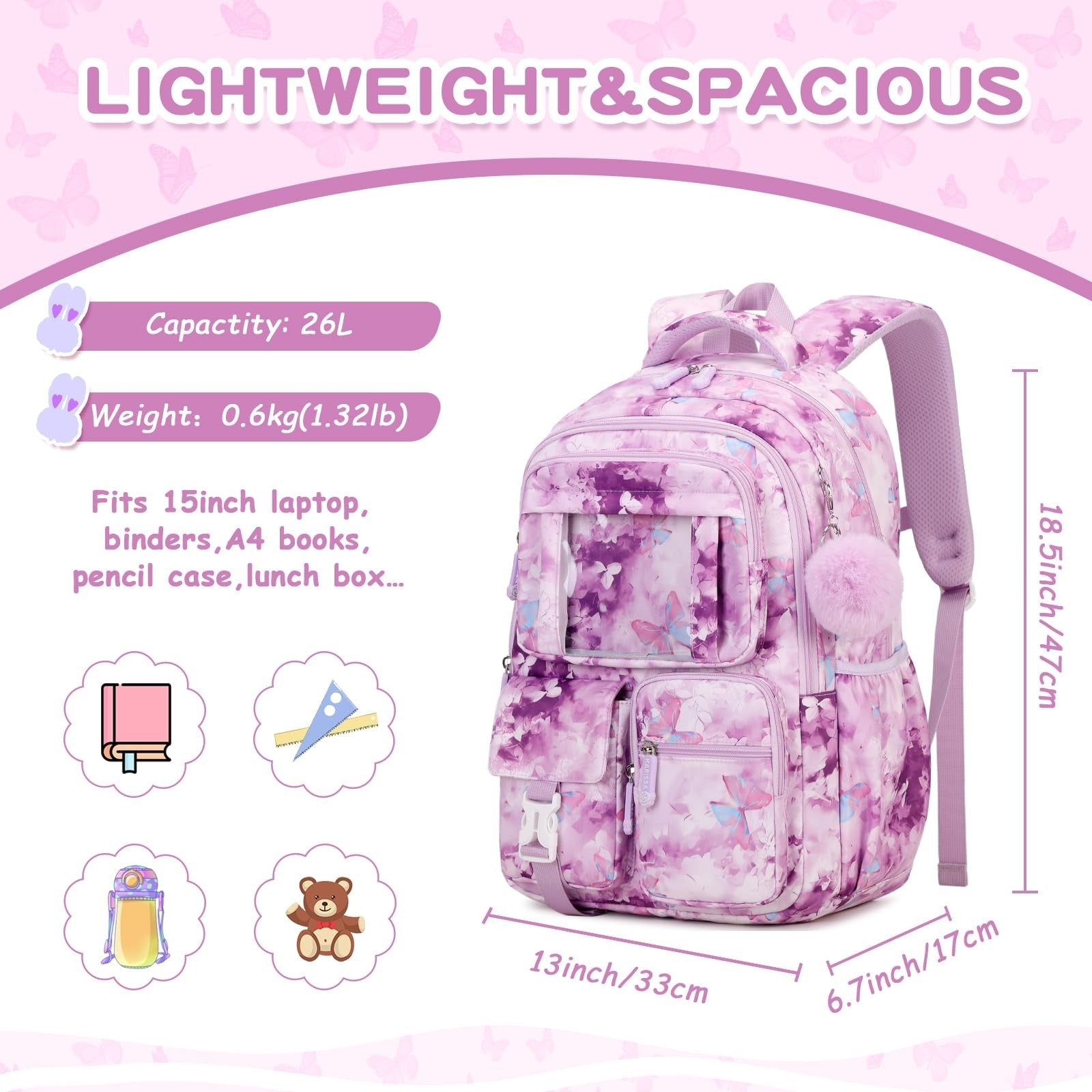 Kawaii Purple Butterfly Kids Backpack for Girls - School Bag for Middle & Elemen2