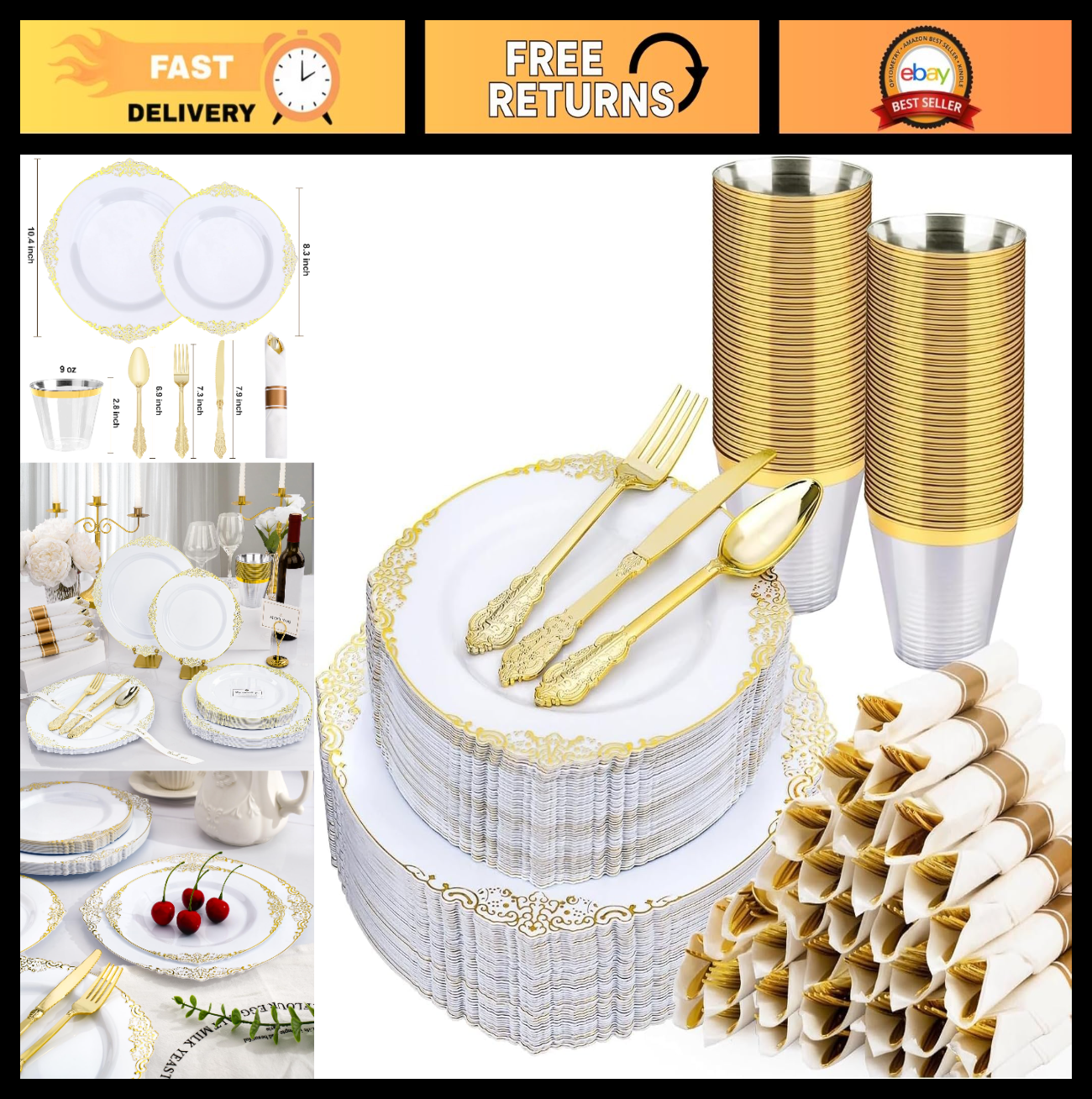 350-Piece White & Gold Disposable Dinnerware Set for 50 Guests | Plates, Silverw0