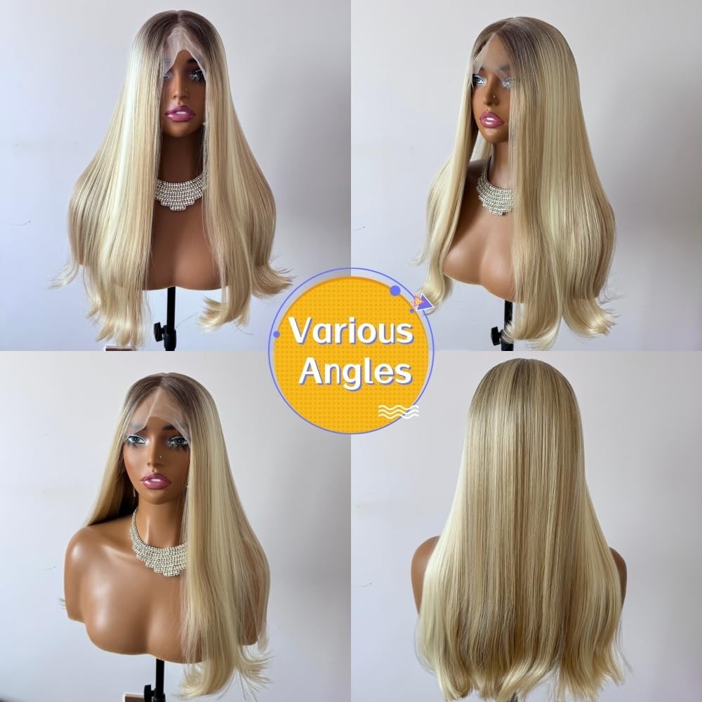 Ombre Balayage Blonde Bob Wig, Lace Front, Heat Resistant, Silky Straight, Daily3