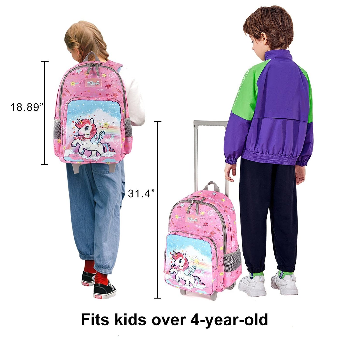 Wheeled Kids Backpack 18" with Lunch Bag, Double Handle, Pink Unicorn Design7